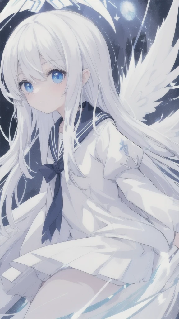 Long white hair,dark blue eyes,White sailor suit,There are armor and wings made of ice