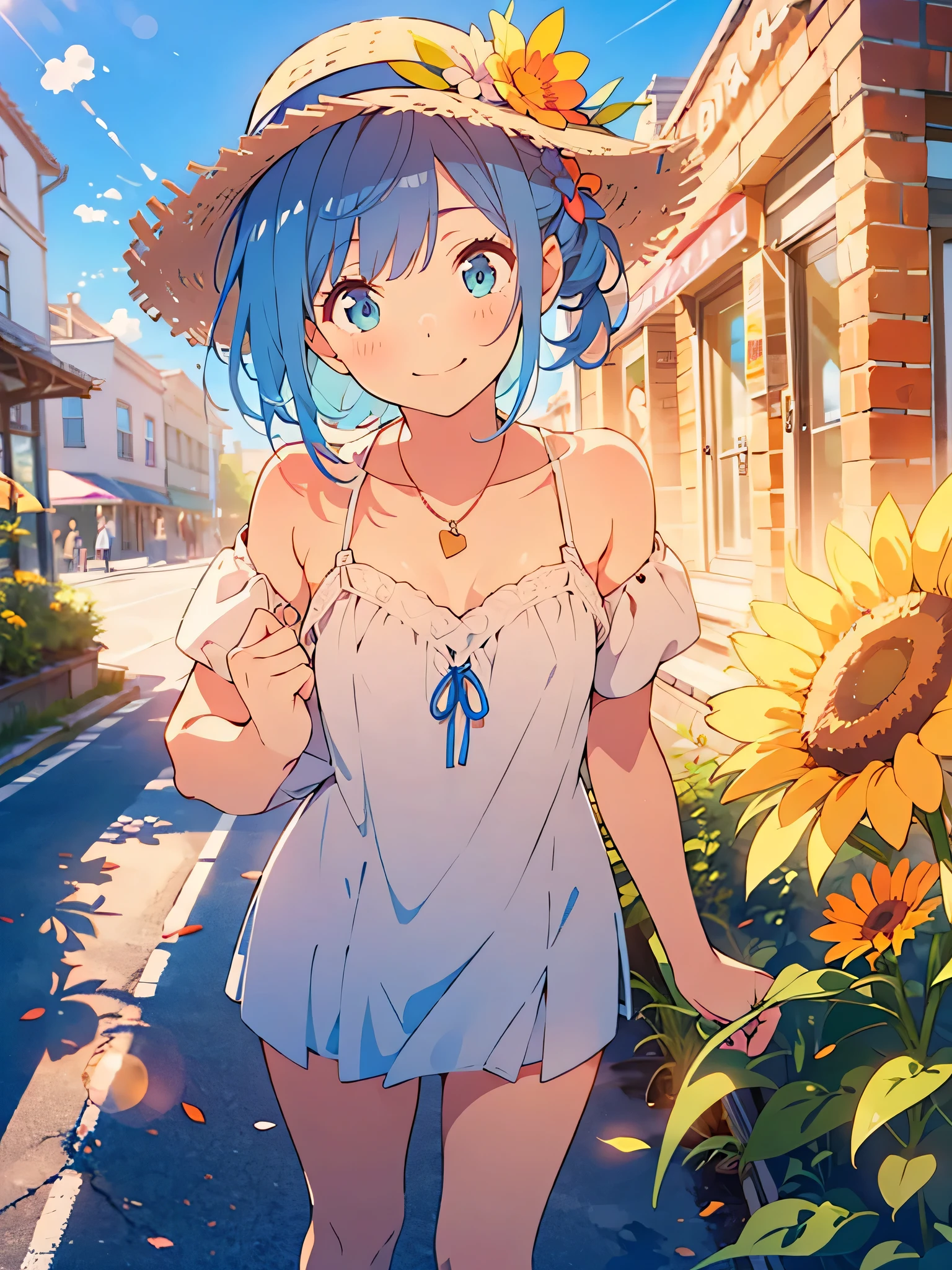 NSFW,masterpiece, best quality,(((color trace))),looking at viewer,town image,((short stature))
1girl, solo, open eyes,smile, standing,shoulder cutout, dress,((((blue hair)))),blue panty,green eyes,grim eyes, pigtail, blush, shortcut hair, white dress, clothing cutout, bangs, necklace, blurry, hand between leg,Town background, between legs, bow, facing viewer, small breasts, bare shoulders, straw hat, day, collarbone, hair bow, short sleeves, feet out of frame, ribbon,depth of field, hair over shoulder,noon,sky,bright sky,sun flower,downtown,old building,cafeteria