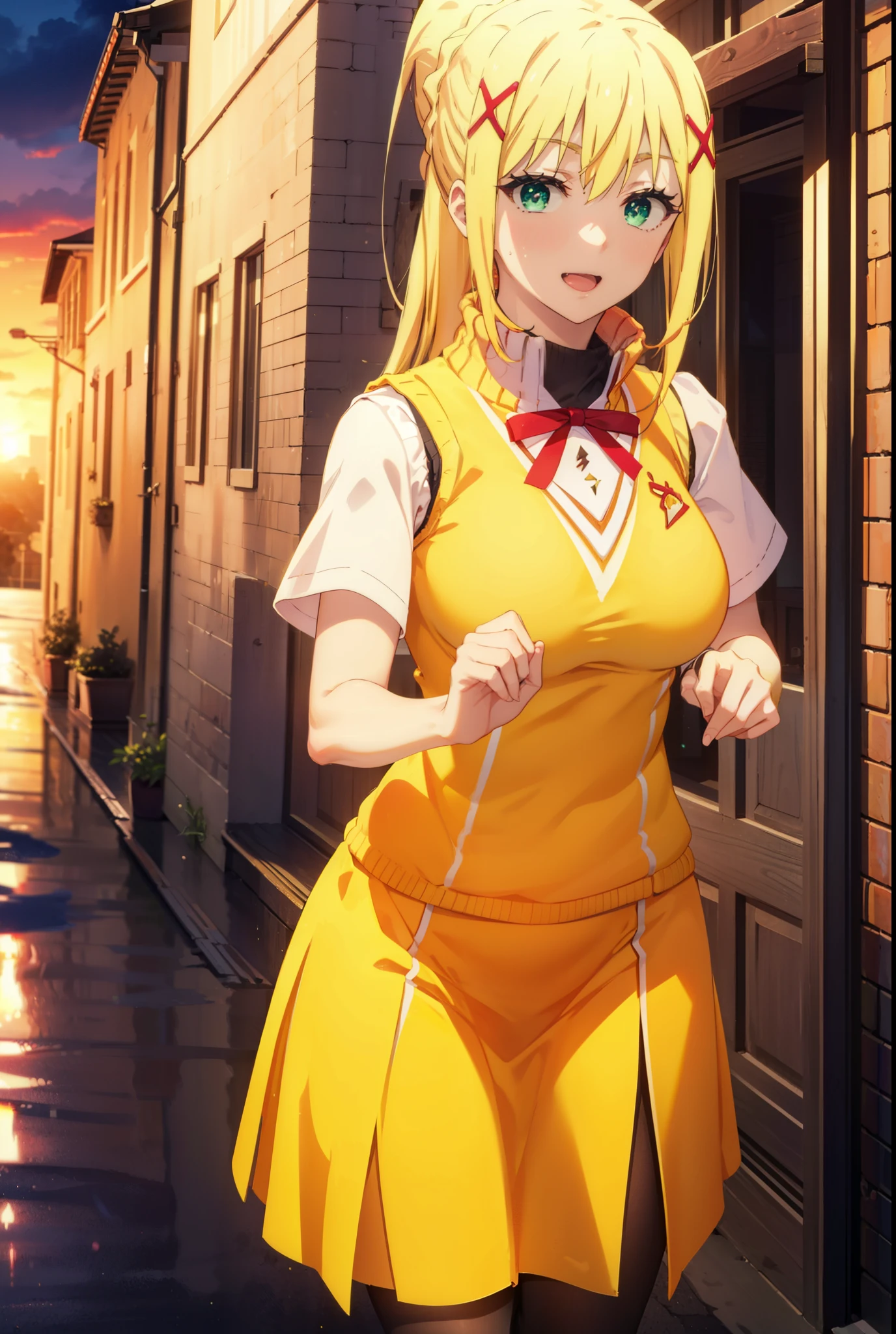 Lalatina Dusty Nesford, Lalatina Dustiness Ford, darkness \(KonoSuba\), Long Hair, (Green Eyes:1.3), Blonde, hair ornaments, ponytail, Braiding, x hair ornaments,Big Breasts,happy smile, smile, Open your mouth, White shirt,Short sleeve,Sweater vest, black tights,(yellow Sweater vest:1.5),Black pleated skirt,Black Loafers,whole bodyがイラストに入るように,Walking,Sunset,evening,The sun is setting, break outdoor,In town,Building district,,crowd, people々々々々々, break looking at viewer, whole body, break (masterpiece:1.2), highest quality, High resolution, unity 8k wallpaper, (shape:0.8), (Beautiful and beautiful eyes:1.6), Highly detailed face, Perfect lighting, Extremely detailed CG, (Perfect hands, Perfect Anatomy),