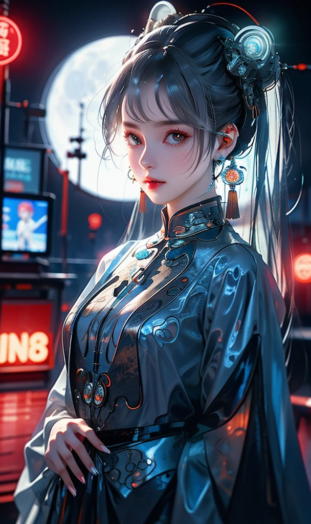 1 girl, Chinese_clothes, liquid silver and orange, cyberhan, cheongsam, cyberpunk city, dynamic pose, detailed luminous headphones, glowing hair accessories, long hair, glowing earrings, glowing necklace, cyberpunk, high-tech city, full of mechanical and futuristic elements, futuristic, technology, glowing neon, orange, orange light, transparent tulle, transparent streamers, laser, digital background urban sky, big moon, with vehicles, best quality, masterpiece, 8K, character edge light, Super high detail, high quality, the most beautiful woman in human beings, micro smile, face facing front and left and right symmetry, ear decoration, beautiful pupils, light effects, visual data, silver white hair, super detail facial texture
