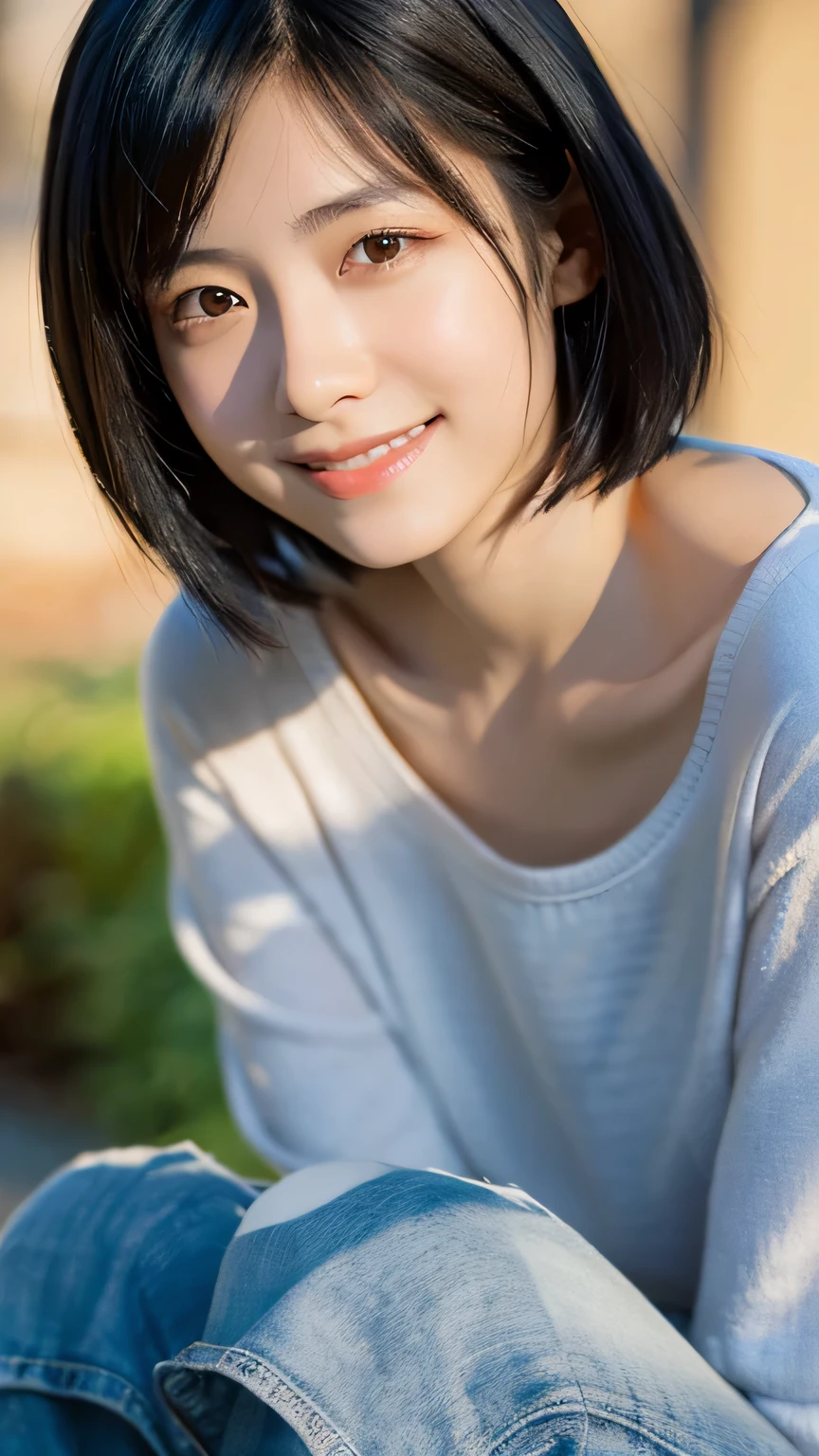 Portraiture, 8k, high quality, Realistic Photographic Images, , Japanese women, Neat, small, Natural and realistic eyes, Beautiful black hair, short hair, light makeup, Octane Rendering, Beautiful lighting, Golden ratio composition, smile, Casual wear, Casual clothing, Natural background, Blurred Background