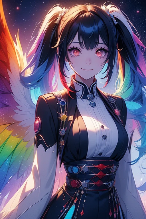 ((Fantasy Rainbow Hair Make your hair rainbow-colored on the inside Twin tails Dull red eyes Has a galaxy uniform Put on a coat without putting your arms through it Wings many times larger than mine Lonely Smiling Kindly)) ((tears gloves)) (Broken glass Distorted Space-Time star) Catch the wind autumn Shining Background Particles of light, rainbow colored edges