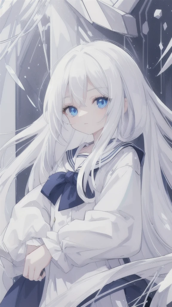 Long white hair，dark blue eyes，White sailor suit，Armor made of ice
