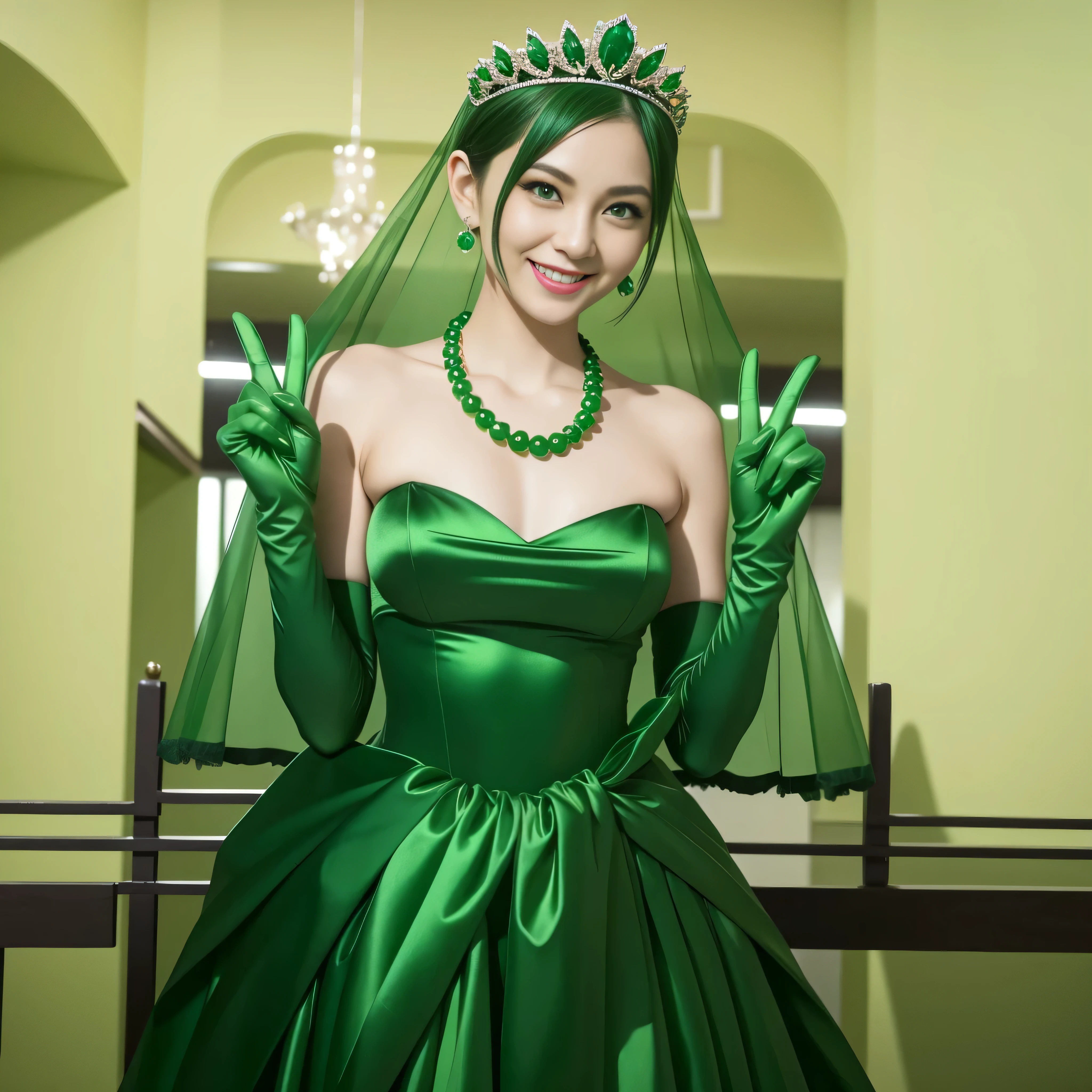 Emerald tiara, Green Pearl Necklace, Boyish very short green hair, lipstick, Smiling Japanese woman, Very short hair, Big and beautiful, Green Eyes, Long green satin gloves, Green Eyes, v sign, Emerald Earrings, Green veil