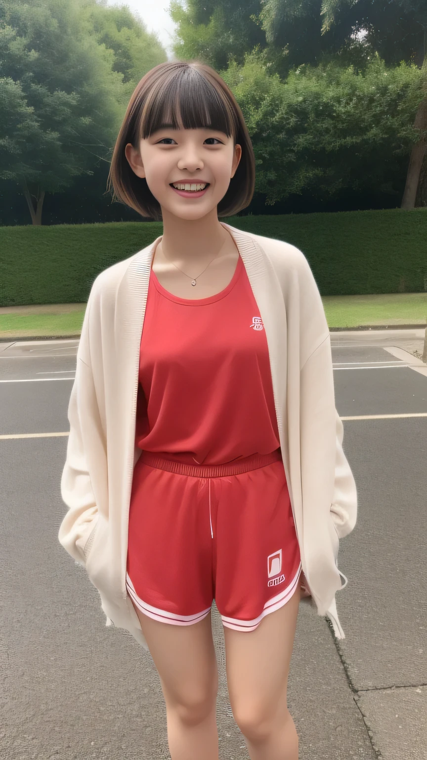 Beautiful woman、17 years old 、Full Body Shot、Sweat、Sportswear、Arena、bangs、Laughter、Shortcuts