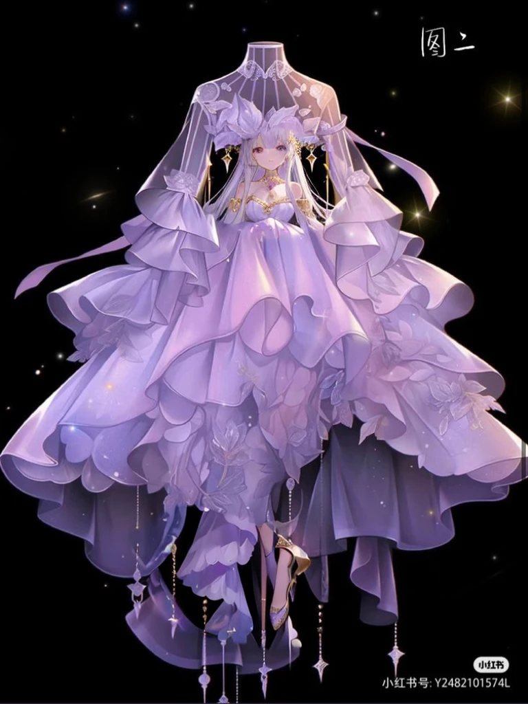 Ultra-realistic photo of a girl in a majestic light purple and gold ball gown dress, Big beautiful dress, Complex puffy ball gown with lots of frills and rhinestones (Best Quality, masutepiece, art stations, Fantasy Art:1.2), Palace rooms, Beautiful cute girl, (long white hair:1.1), (Complex short gold skirt, Bare legs:1.2, Full body shot)