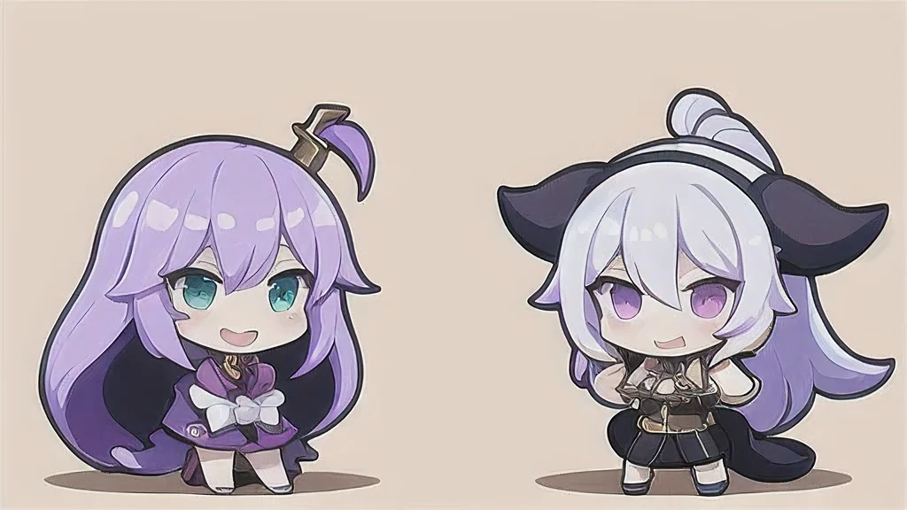 a cartoon image of a girl with a purple hair and a black top, kda, character art of maple story, （（Deer antler hair accessories））advanced digital chibi art, arcane art style, 2 d sprite, genshin impact character, official character art, chibi monster girl, chibi, , noire, ayaka genshin impact, maplestory mouse, hero 2 d fanart artsation，a cartoon image of a girl with a purple hair and a purple outfit, , chibi, kda, twitch emote, chibi monster girl, [[[[grinning evily]]]], 2 d sprite, of a ramlethal valentine,Purple and white combination, melty, cute cyber gods, advanced digital chibi art（（2 girls ））Long purple-white hair，Double tail，big eyes，Sports Posture，Combat Status，Full mana