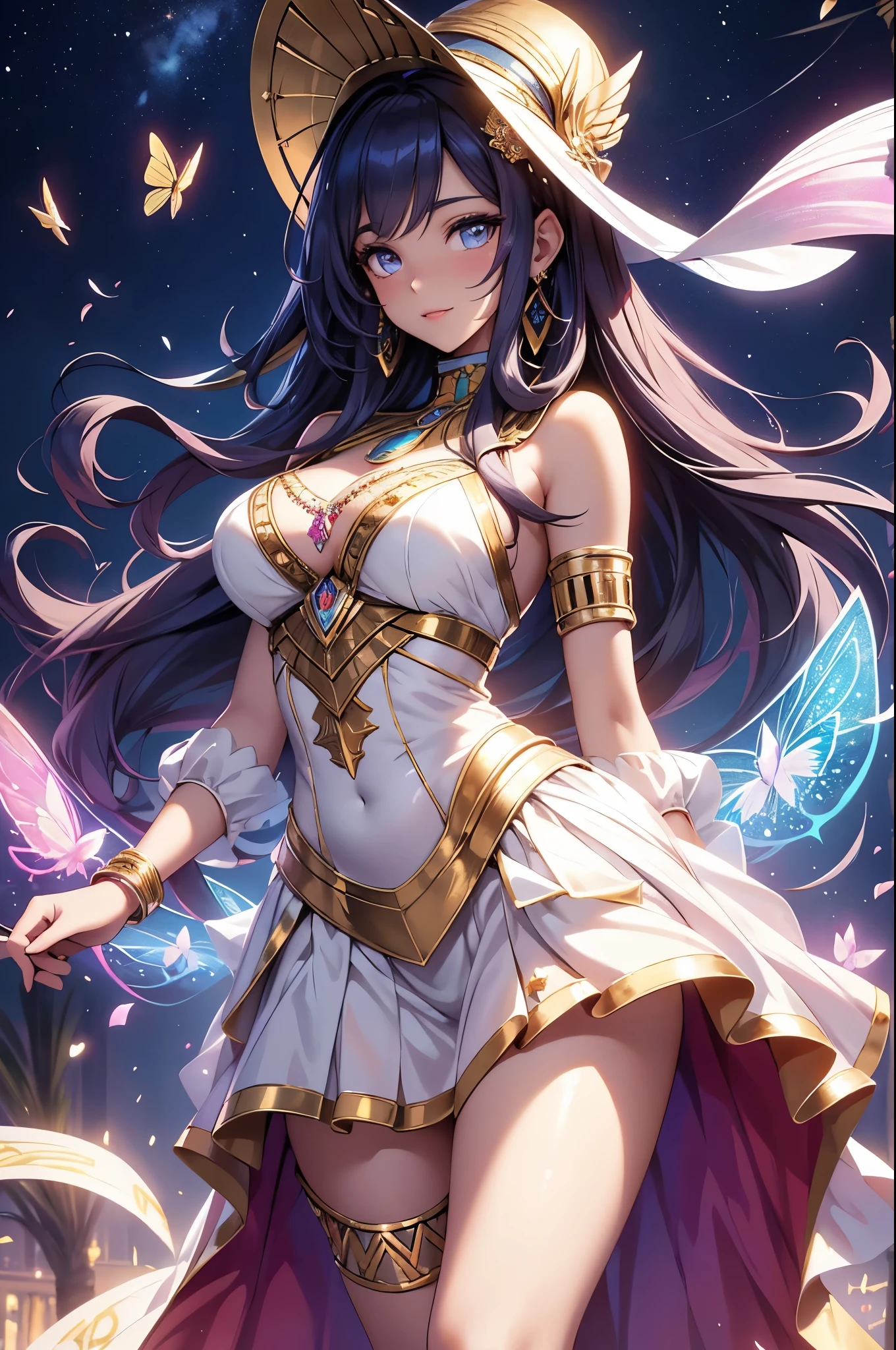 (best quality,4k,8k,highres,masterpiece:1.2),ultra-detailed,(realistic,photorealistic,photo-realistic:1.37),acrylic painting,beautiful Egyptian model in a Lolita dress with downy hair,beautiful Egyptian model with extremely colorful hair and detailed facial features,beautiful Egyptian model standing in a beautiful garden surrounded by a starry sky,beautiful Egyptian model wearing a vibrant Lolita dress,beautiful Egyptian model with intricate accessories and a matching hat,beautiful Egyptian model posing gracefully with her hands on her hips,beautiful Egyptian model with long flowing twintails,beautiful Egyptian model with bright blue eyes and rosy lips,beautiful Egyptian model with a joyful expression,beautiful Egyptian model in a dynamic pose with cherry blossoms falling around her,beautiful Egyptian model surrounded by colorful flowers and butterflies,beautiful Egyptian model's dress adorned with cute bows and lace details,beautiful Egyptian model with an enchanting smile,beautiful Egyptian model with soft, pastel-colored shading,beautiful Egyptian model with a magical glow illuminating her,beautiful Egyptian model in a picturesque setting with a winding path leading to a magnificent castle,beautiful Egyptian model holding a microphone and singing passionately,beautiful Egyptian model with a fairytale-like background,beautiful Egyptian model with a soft, dreamy atmosphere,beautiful Egyptian model with a subtle bokeh effect,beautiful Egyptian model standing under a moonlit sky,beautiful Egyptian model with a warm, golden sunset in the background,beautiful Egyptian model surrounded by twinkling stars and colorful nebulae,creating an ethereal and captivating artistic masterpiece. 
