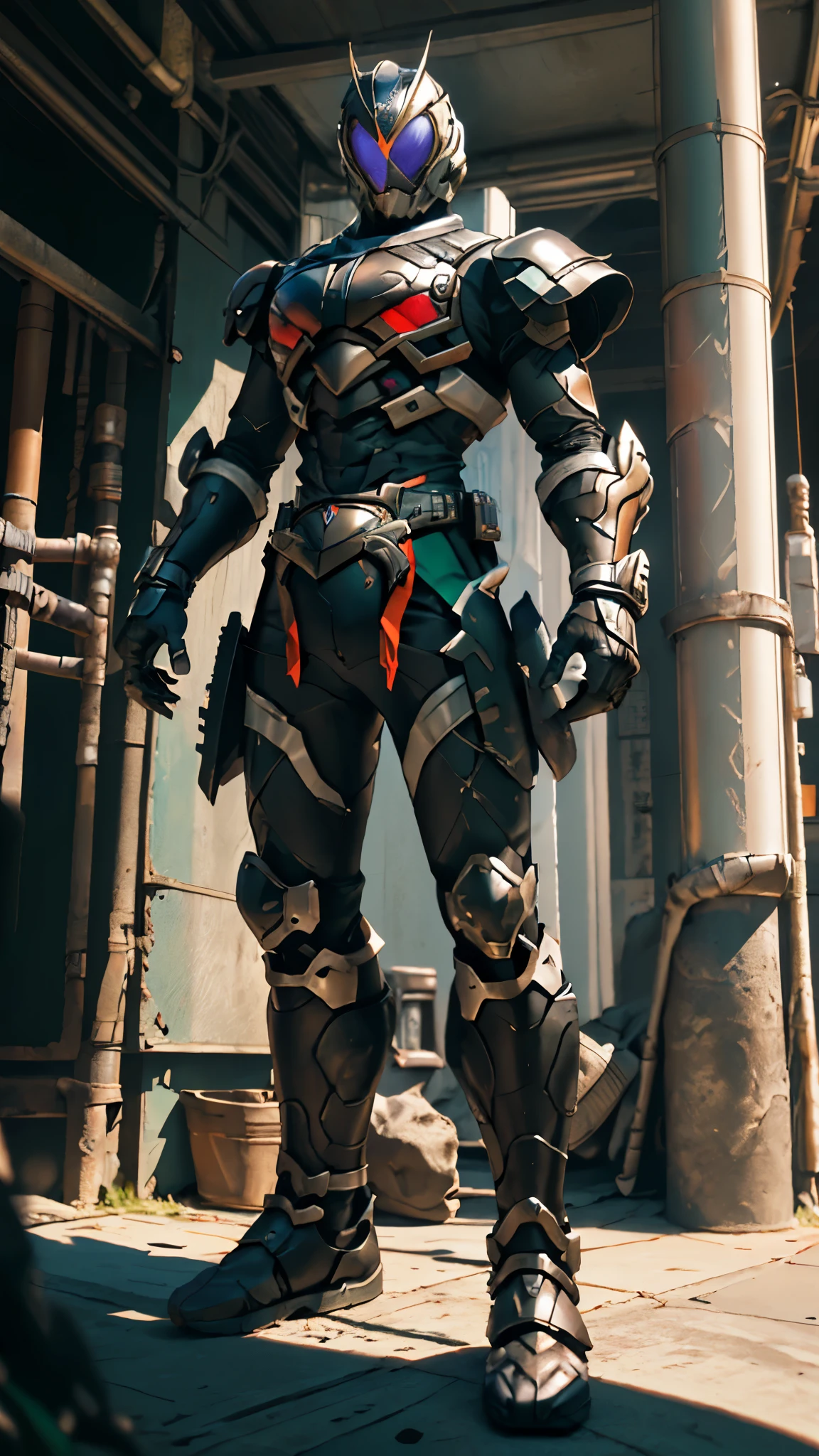 A man wearing a full-face helmet, a fantasy-style biotech armored combat suit, green eyes, (a composite layered chest armor), fully enclosed shoulder guards, matching arm and leg guards, the belt is adorned with fangs biting into gem, (the color scheme is primarily black with red accents), the design balances heavy with agility, a high-tech bio-mecha armor, (Armor Concept Inspired by Godzilla, stand on the top of a skyscraper in a futuristic sci-fi city), this character embodies a finely crafted fantasy-surreal style armored hero in anime style, exquisite and mature manga art style, (element, plasma, energy, the armor glows), ((male:1.5)), metallic, real texture material, dramatic, high definition, best quality, highres, ultra-detailed, ultra-fine painting, extremely delicate, professional, perfect body proportions, golden ratio, anatomically correct, symmetrical face, extremely detailed eyes and face, high quality eyes, creativity, RAW photo, UHD, 32k, Natural light, cinematic lighting, masterpiece-anatomy-perfect, masterpiece:1.5