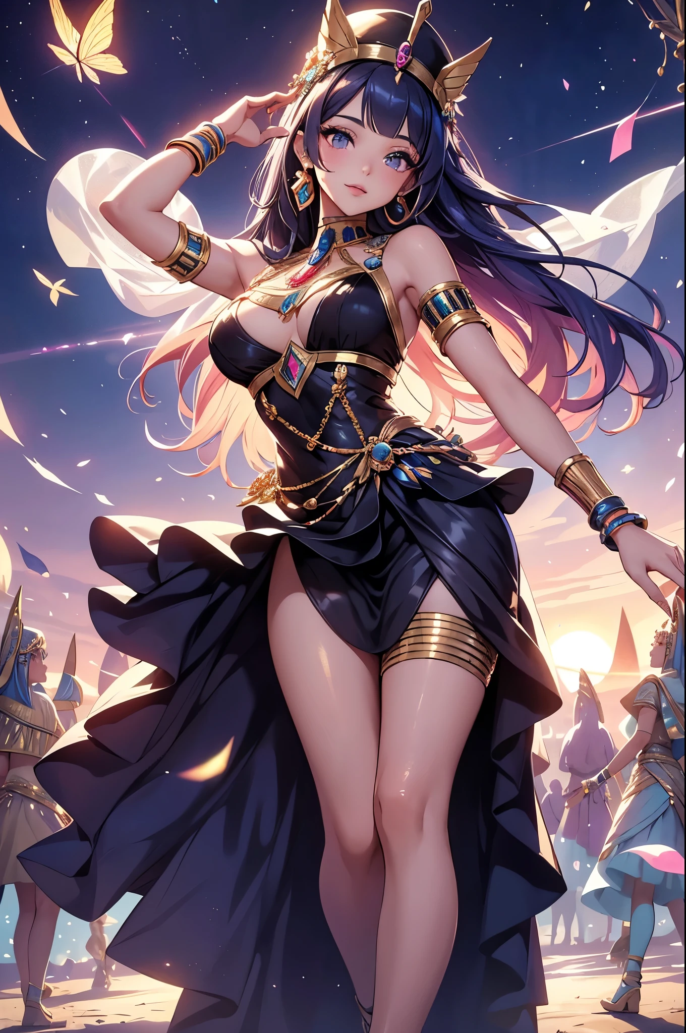 (best quality,4k,8k,highres,masterpiece:1.2),ultra-detailed,(realistic,photorealistic,photo-realistic:1.37),acrylic painting,beautiful Egyptian model in a ta dress with downy hair,beautiful Egyptian model with extremely colorful hair and detailed facial features,beautiful Egyptian model standing in a beautiful garden surrounded by a starry sky,beautiful Egyptian model wearing a vibrant Loliress,beautiful Egyptian model with intricate accessories and a matching hat,beautiful Egyptian model posing gracefully with her hands on her hips,beautiful Egyptian model with long flowing twintails,beautiful Egyptian model with bright blue eyes and rosy lips,beautiful Egyptian model with a joyful expression,beautiful Egyptian model in a dynamic pose with cherry blossoms falling around her,beautiful Egyptian model surrounded by colorful flowers and butterflies,beautiful Egyptian model's dress adorned with cute bows and lace details,beautiful Egyptian model with an enchanting smile,beautiful Egyptian model with soft, pastel-colored shading,beautiful Egyptian model with a magical glow illuminating her,beautiful Egyptian model in a picturesque setting with a winding path leading to a magnificent castle,beautiful Egyptian model holding a microphone and singing passionately,beautiful Egyptian model with a fairytale-like background,beautiful Egyptian model with a soft, dreamy atmosphere,beautiful Egyptian model with a subtle bokeh effect,beautiful Egyptian model standing under a moonlit sky,beautiful Egyptian model with a warm, golden sunset in the background,beautiful Egyptian model surrounded by twinkling stars and colorful nebulae,creating an ethereal and captivating artistic masterpiece.