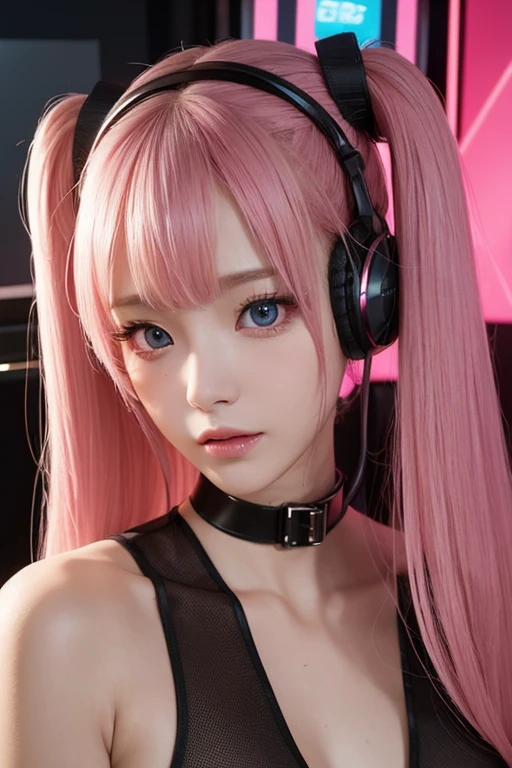 masterpiece, 1 beautiful girl, Detailed eye, Swollen eyes, top-quality, 超A high resolution, (reality: 1.4), Movie Lighting, japanes, a asian beauty, very extremely beautiful, Beautiful skins, A slender, Forward-facing body, gazing at viewer、(A hyper-realistic), (hight resolution), (8K), (ighly detailed), ( Best Illustration), (beautifully detailed eyes), (ultra-detailliert), Detailed face, Bright lighting, Professional Lighting、The background is a cyberpunk room with many monitors...、Hair color is pink twin tails、、headset on head、Moles under the eyes、Plump and glossy lips、Heart-shaped choker、Female Game Commentator