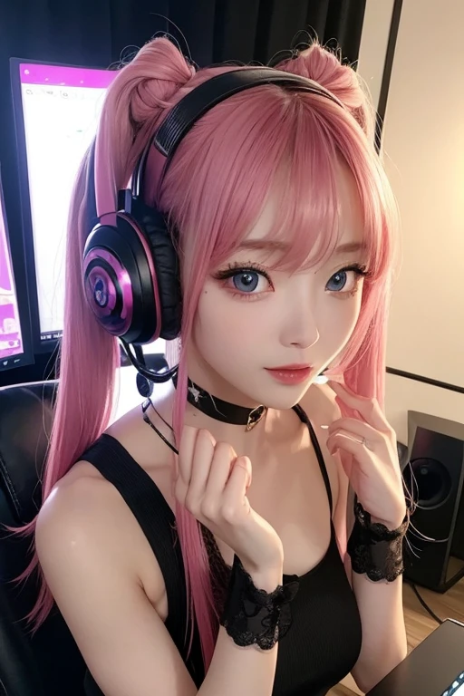 masterpiece, 1 beautiful girl, Detailed eye, Swollen eyes, top-quality, 超A high resolution, (reality: 1.4), Movie Lighting, japanes, a asian beauty, very extremely beautiful, Beautiful skins, A slender, Forward-facing body, gazing at viewer、(A hyper-realistic), (hight resolution), (8K), (ighly detailed), ( Best Illustration), (beautifully detailed eyes), (ultra-detailliert), Detailed face, Bright lighting, Professional Lighting、The background is a cyberpunk room with many monitors...、Hair color is pink twin tails、、headset on head、Moles under the eyes、Plump and glossy lips、Heart-shaped choker、Female Game Commentator