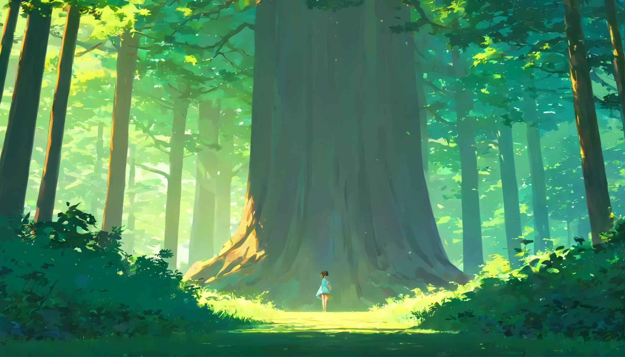 "Generate an oppressive image of a dense and sinister forest. Huge trees should create a dark canopy that obscures the light. Intertwined branches should create menacing shadows. In the middle of the forest, une silhouette trouble, Half hidden by the trees, must seem to emerge from the darkness."