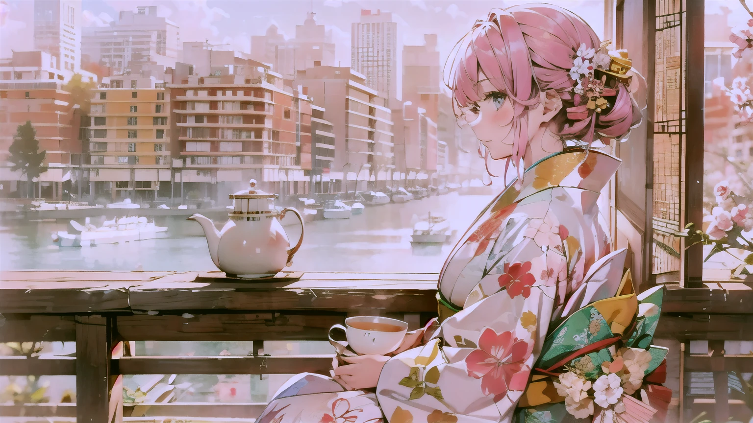 high resolution,One beautiful woman(Pink Hair Color,Wearing a Japanese kimono),profile,Sit upright and drink tea