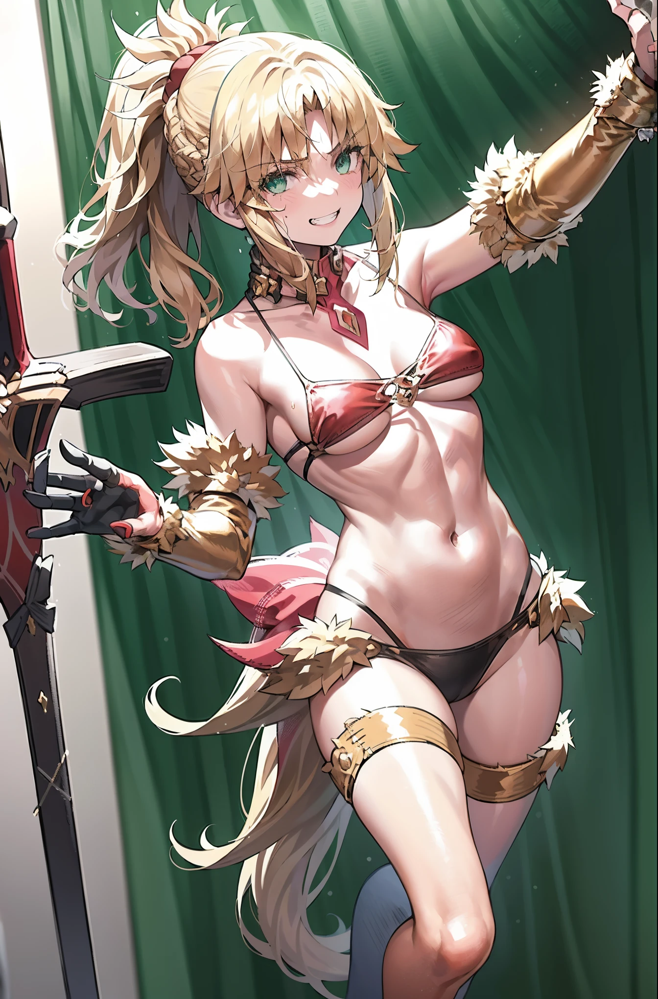 Masterpiece, Best Quality, illustration, city street, 1girl, Mordred \(fate\), cowboy shot, collarbone, Detailed blond hair ponytail braid, green eyes, Red leather jacket, White short blouse, fur_Bikini,long_globes,navel,thigh-high,grin, covered_pussy,skiny,long_sword,apart_legs,