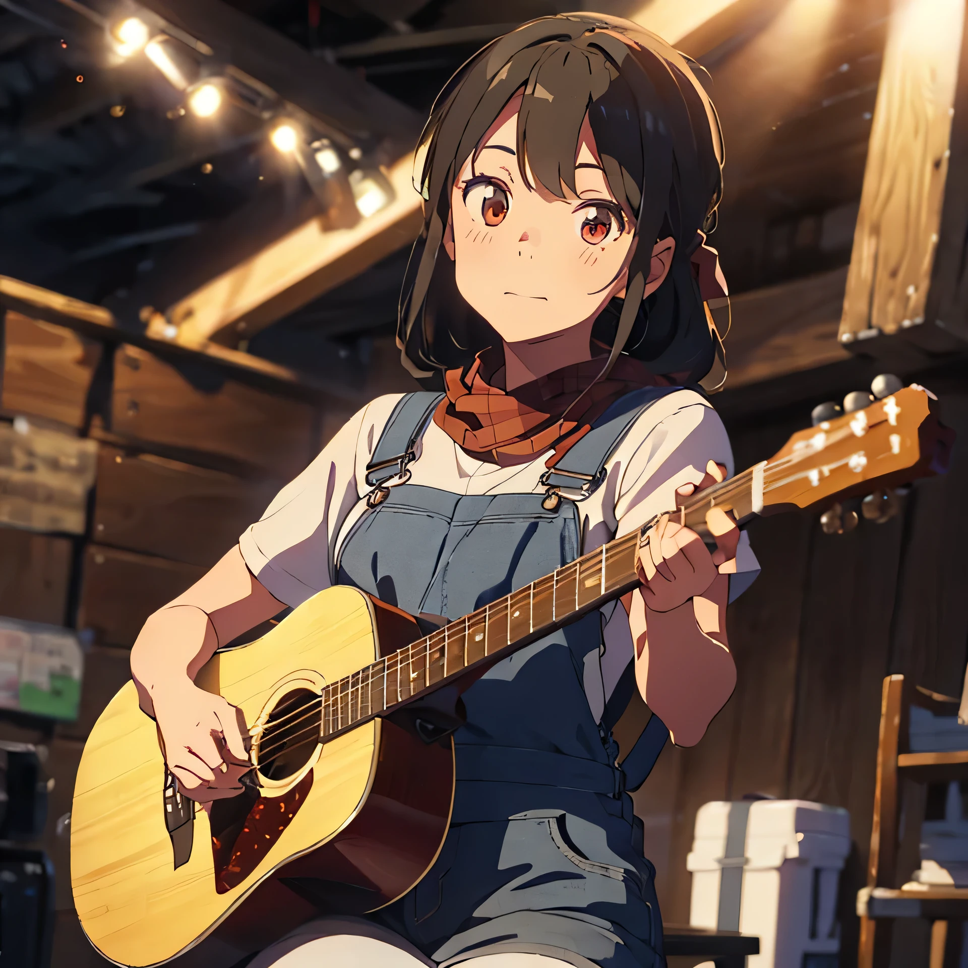 night、On Stage、A 20-year-old woman wearing overalls and a red checked bandana on her head is sitting on a metal chair.、He is singing alone with his mouth wide open while playing an acoustic guitar.、((from the front))、((alone))Draw the whole body、At the angle of your gaze、The spotlight is on my face、The background is a wooden wall