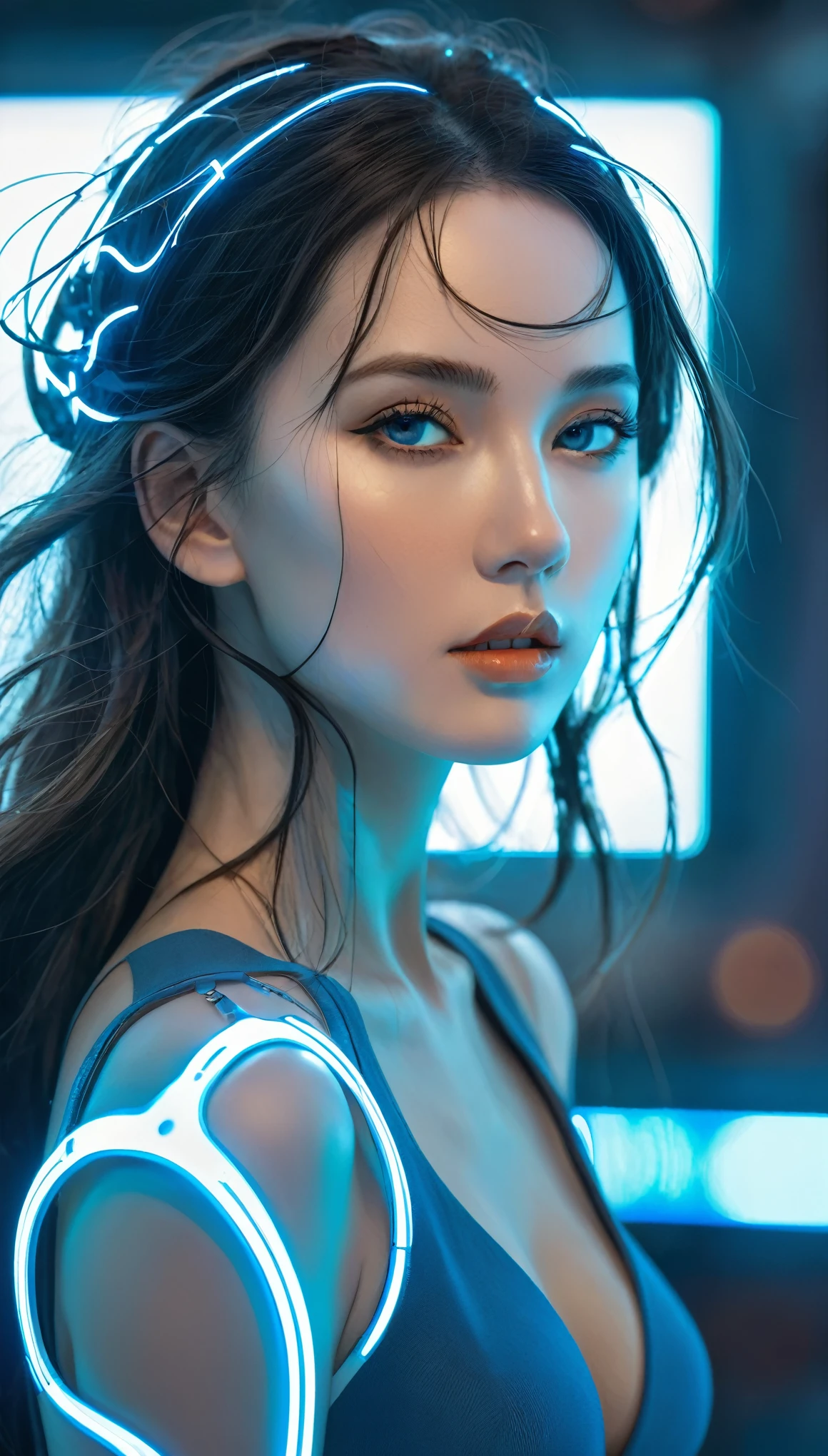 Magnificent artificial intelligence, Beautiful woman with body, Surrealism, angle, Blue neon blurred background, Apparent Circuit, Energetic, detailed, Brushes, Comic illustration, Popular on artstation. author:peter mohrbacher, From Wlop, by ruan jia, author:Alphonse Mucha, Dmitry Prozorov, author:Norman Rockwell,