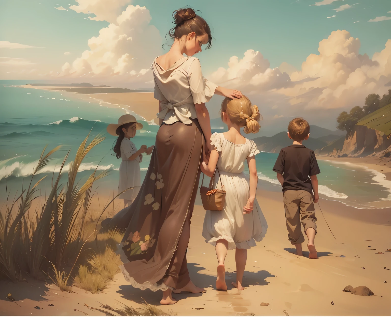 Young woman holding little girls hand, small boy in the background turning away, farther still in the background is the Grandmother perhaps walking towards camera, other beach combers in the far distance can be seen, impressionism, oil on canvas, 24k resolution, abstract artistic flare
