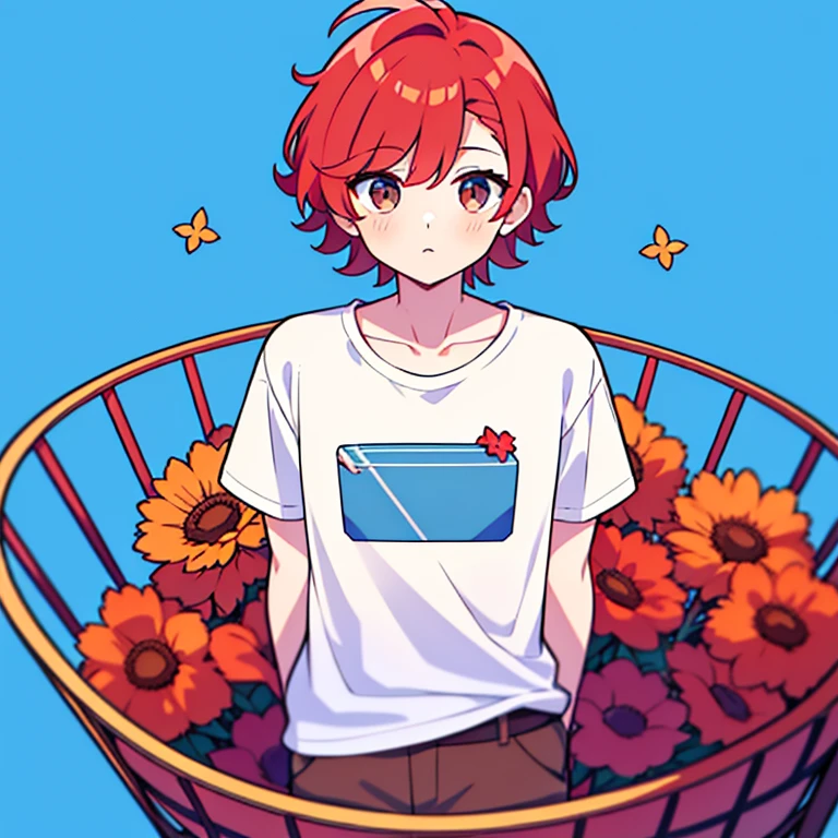 One boy, Redhead, Medium Hair, Flower Hair Ornaments, White T-shirt, Caro Cart, 8k resolution, 8K quality, Blue background, Mid-chest, Brown eyes