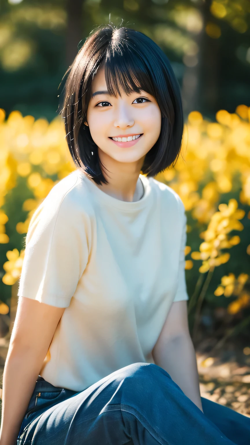 Portraiture, 8k, high quality, Realistic Photographic Images, , Japanese women, Neat, small, Natural and realistic eyes, Beautiful black hair, short hair, light makeup, Octane Rendering, Beautiful lighting, Golden ratio composition, smile, Casual wear, Casual clothing, Natural background, Blurred Background