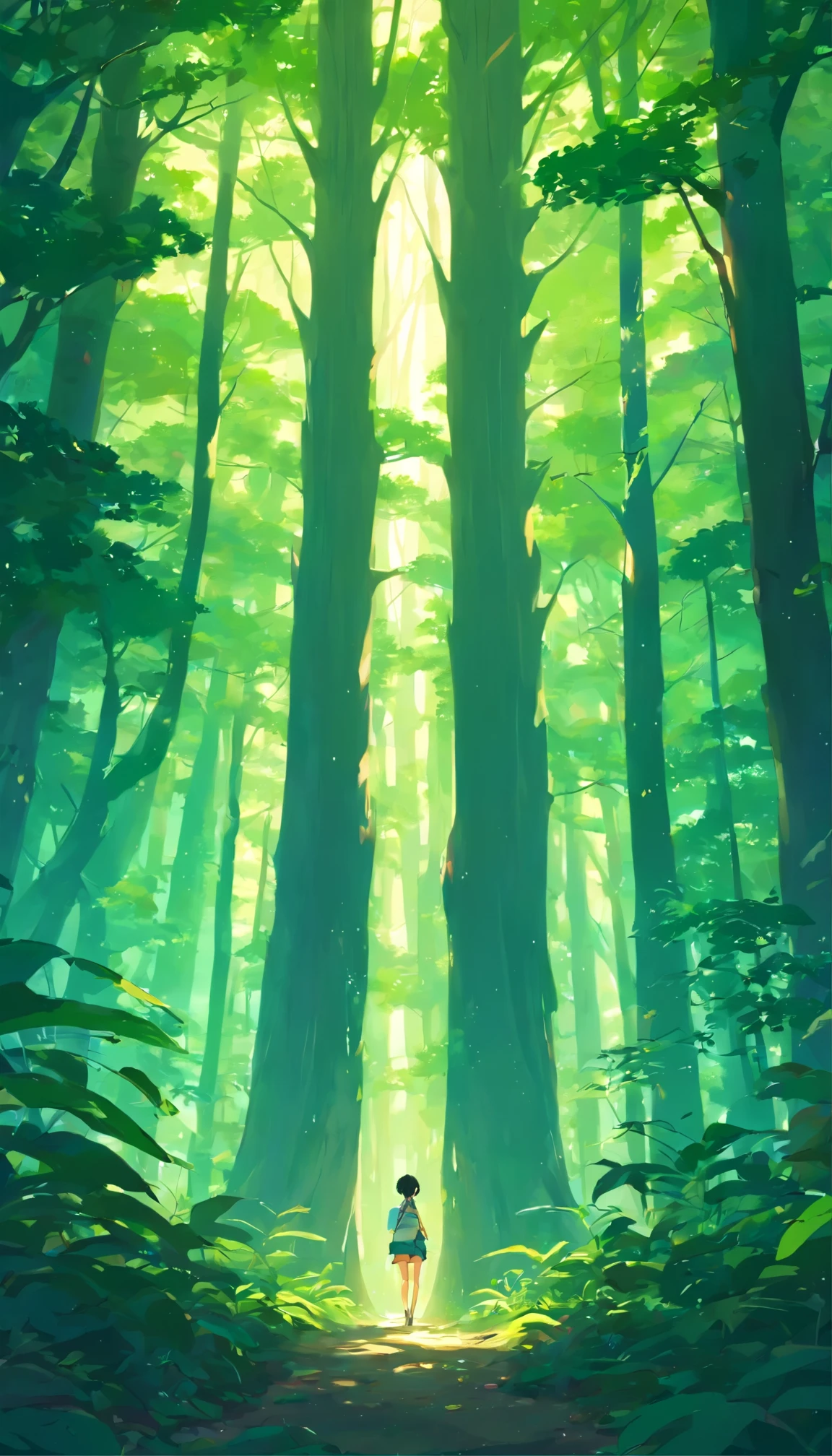 "Generate an oppressive image of a dense and sinister forest. Huge trees should create a dark canopy that obscures the light. Intertwined branches should create menacing shadows. In the middle of the forest, une silhouette trouble, Half hidden by the trees, must seem to emerge from the darkness."
