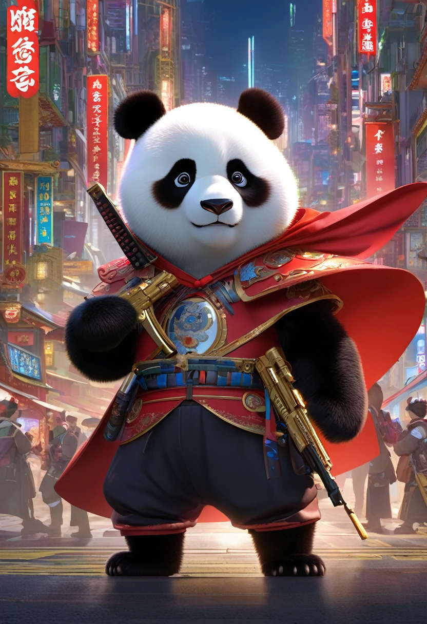 a man wearing a rifle、Panda in a red cape, 赛博朋克反乌托邦style, Charming characters, Huang Shilin, Full of energy and action, Randomly dispersed, White and orange, Flick, 超现实主义氛围style, Michael Cormack, Urban intervention, Code-based authoring, Intense close-up, instant transfer, Featured animals, Charming characters, 卡哇伊别致style, 32K Ultra HD, Airbrush Art, detailed微缩模型, dark, Miki Asai&#39;style, 32K Ultra HD, dark beige and red, 卡哇伊艺术style, Photorealistic rendering, 32K Ultra HD, detailed, Charming illustrations, Player Core，(best quality,4K,8k,high resolution,masterpiece:1.2),Super detailed,(Practical,Realistically,Realistically:1.37),