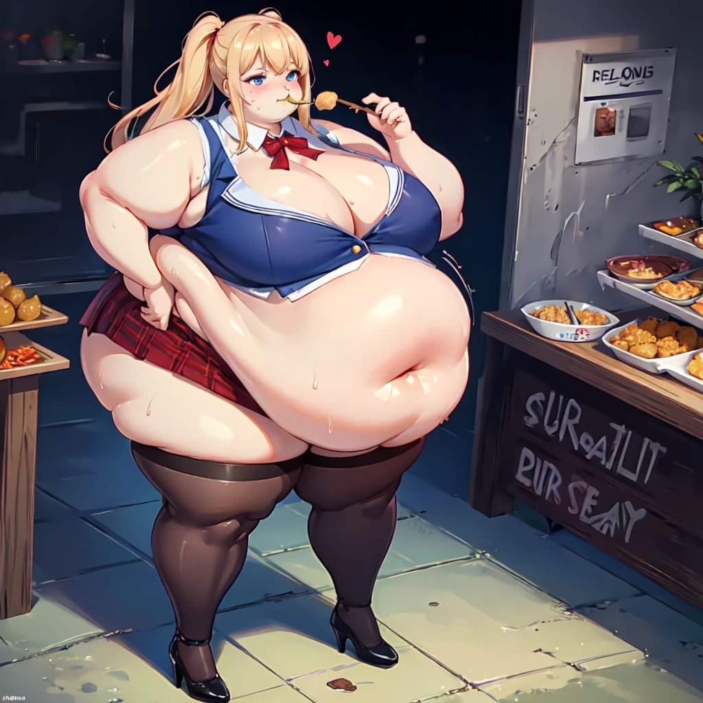 High quality, full body photo of a beautiful sexy secretary wearing extremely short skirt and seamed stockings, ((solo)), adult, high heels, craves sex, sweaty, eating at McDonalds, beautiful face, long wavy blonde hair, stunning blue eyes, massive painfully overstuffed bloated distended bulging heavy obese belly, panties visible under skirt, revealing skirt, shes binge eating, weight gain, very wide fat hips, fat thick thighs, massive wide fat round heart shaped shelf bubble butt, massive fat heavy breasts, very deep cleavage, tight uniform, belly so full it hurts, shes so fat she can barely stand, shes so full she can barely stand, her clothes dont fit shes so extremely fat, shes become a fat food addicted slob, she doesnt care about being fat anymore she just wants to eat more and more food until she cant move, covered in sweat, belly bigger than her body, she’s very heavy massive and obese, fat cheeks, fat face, fat neck, struggling to eat more, struggling to stand, shes rubbing her belly, burping, sagging obese belly, painfully churning gurgling belly, she cant fit anymore food inside her belly, shes in a state of blubbery bliss, it hurts so much but if feels so good,