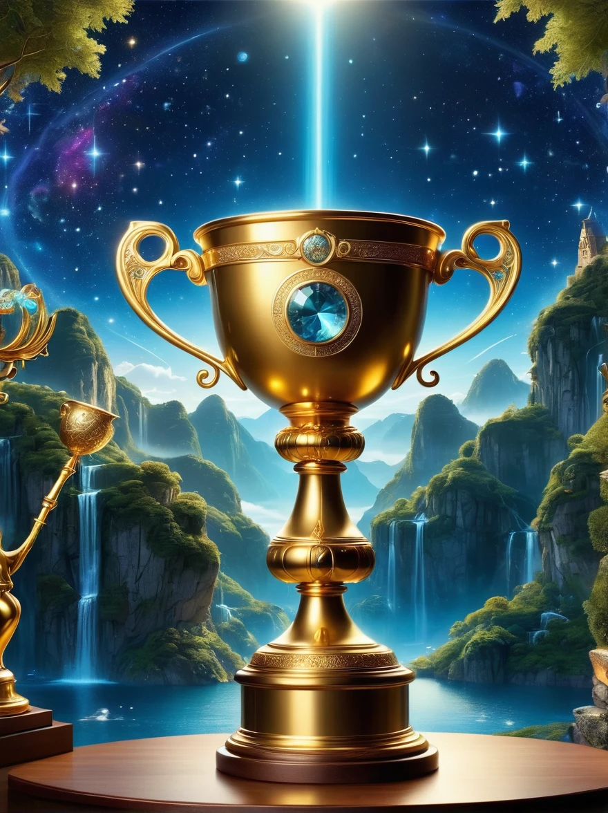 A majestic golden trophy in the magic world,Luxury,Spectacular,Sophisticated design,The surface is inlaid with precious gemstones,It rests on a pedestal adorned with mystical runes and surrounded by a radiant halo.,The background is a dreamy landscape,There are floating islands、sparkling waterfalls,The sky is filled with twinkling stars and glowing constellations,Adds a charming atmosphere,The whole scene exudes magnificence and magic,The beam highlights the grandeur of the trophy。