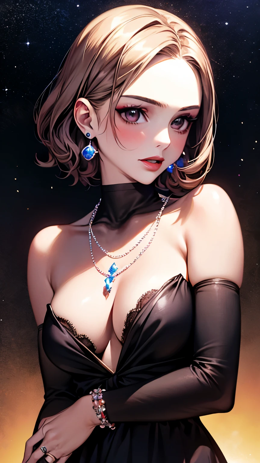 Natalie Portman, painting, reproduction, da vinci, Model, modern style, Modern Clothing, star, Cool, Red pearl necklace with short hair, earrings, Modern makeup, Red lipstick, starry night, Dress with black stars, ring, Clear brushstrokes