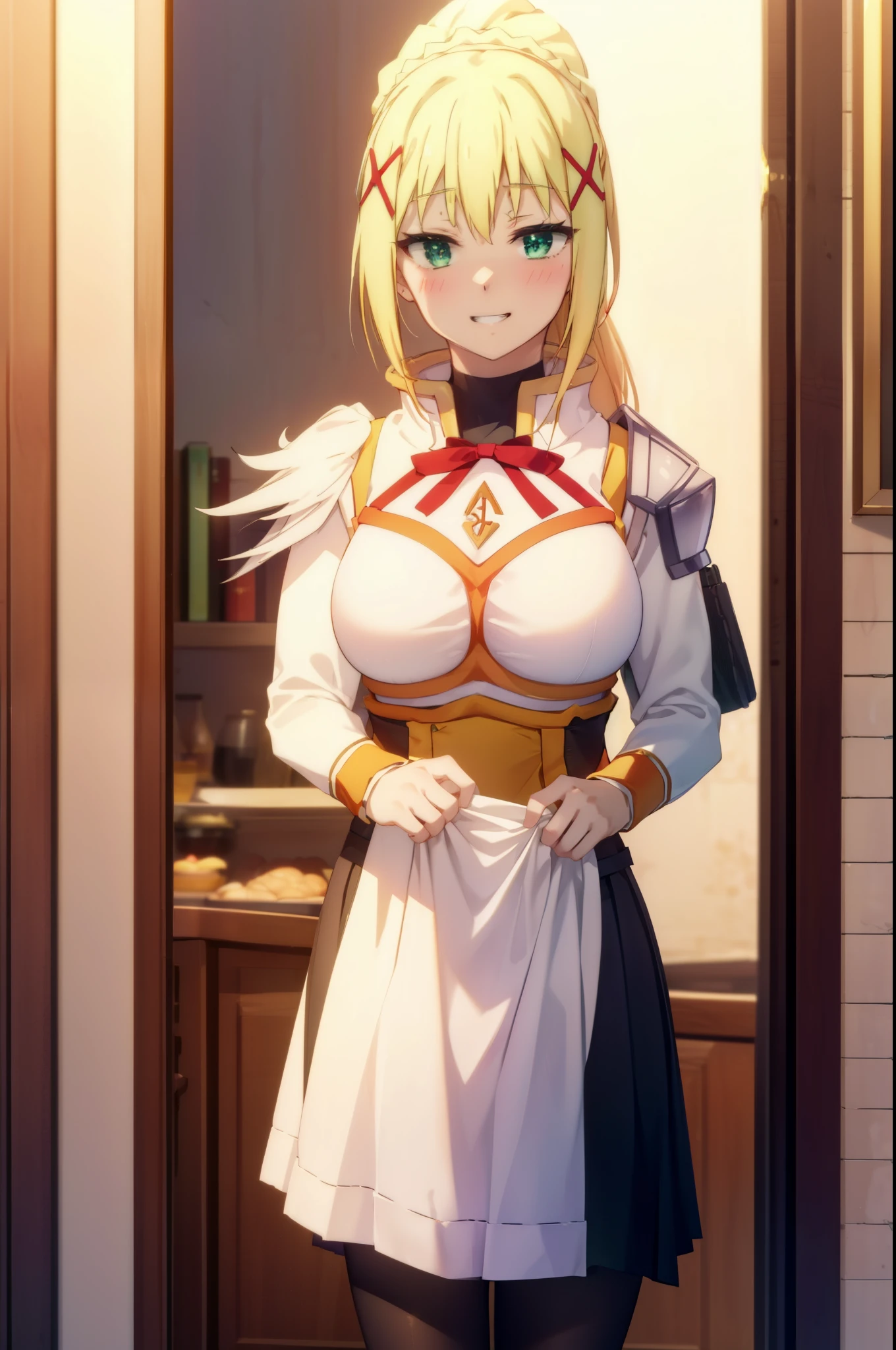 Latin Dustis Ford, Latin Dustis Ford, darkness \(KonoSuba\), Long Hair, (Green Eyes:1.3), Blonde, hair ornaments, blush,Open your mouth,Grin,ponytail, Braiding, x hair ornaments,headdress, dress, apron, ロングskirt,White Pantyhose,loafers,happy smile, smile, Open your mouth,skirt, skirt lift, 自分で持ち上げる
break indoor, Luxury Room,
break looking at viewer, (Cowboy Shot:1.5),
break (masterpiece:1.2), highest quality, High resolution, unity 8k wallpaper, (shape:0.8), (Beautiful and beautiful eyes:1.6), Highly detailed face, Perfect lighting, Highly detailed CG, (Perfect hands, Perfect Anatomy),