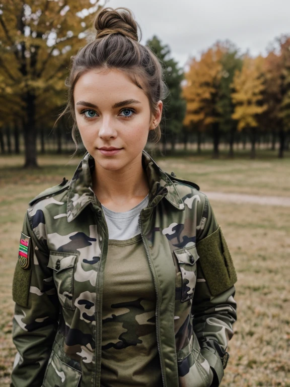 French coat-of-arms, messy bun, green eyes, camo military fatigues, outdoor, barracks, loving gaze