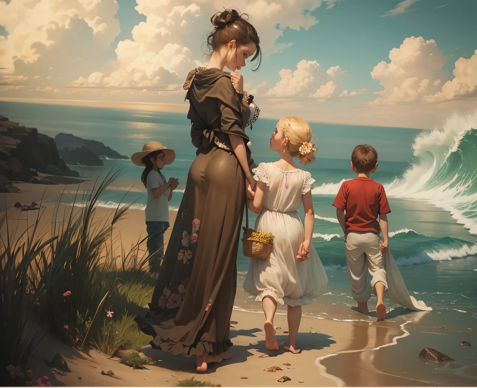 Young woman holding s hand, small boy in the background turning away, farther still in the background is the Grandmother perhaps walking towards camera, other beach combers in the far distance can be seen, impressionism, oil on canvas, 24k resolution, abstract artistic flare