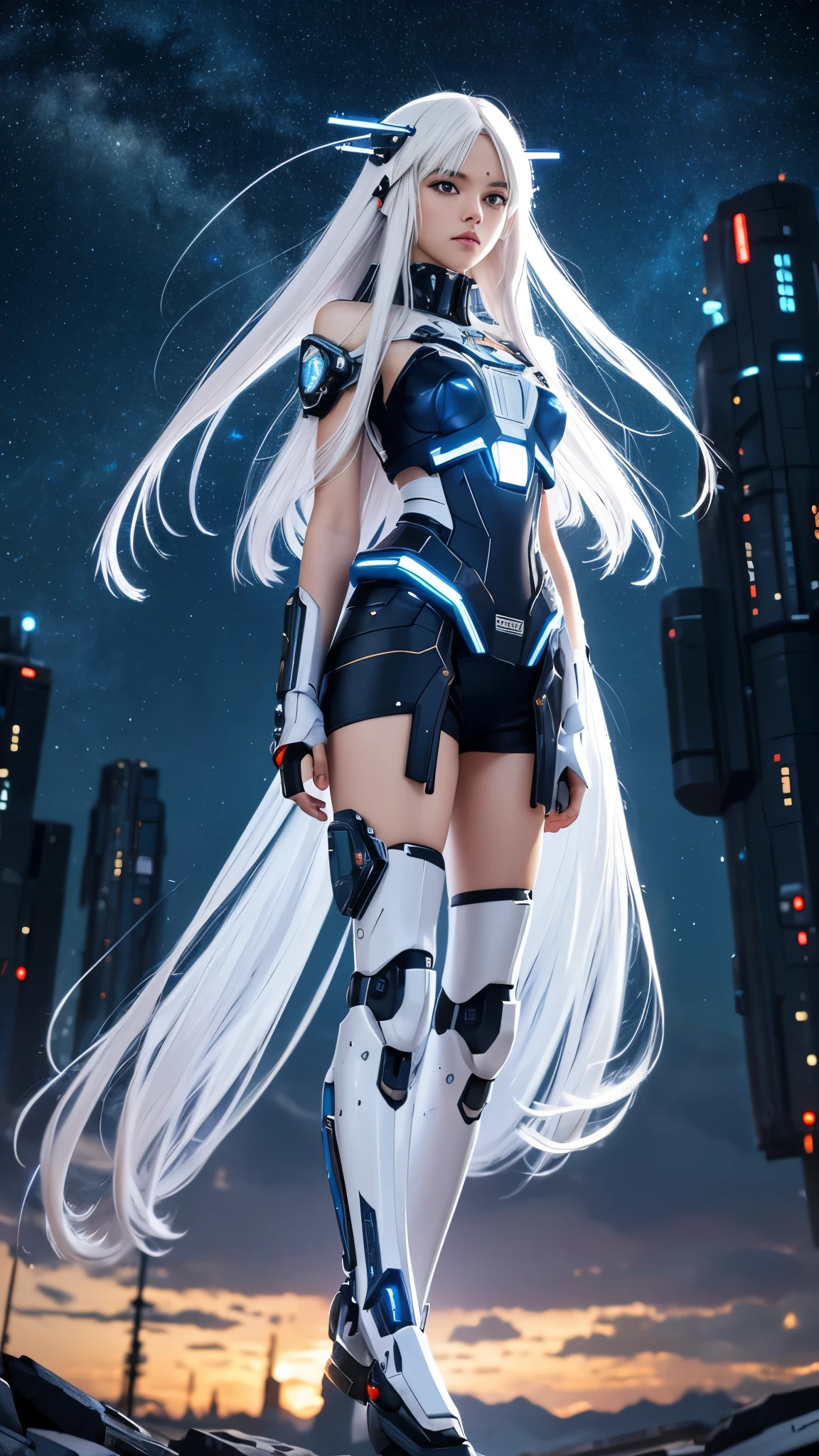 Masterpiece, best quality, 4k, mecha, starry sky, sky, stars(sky), cape, headband, slender legs, long hair, white hair, cyberpunk, depth of field, blurred background,