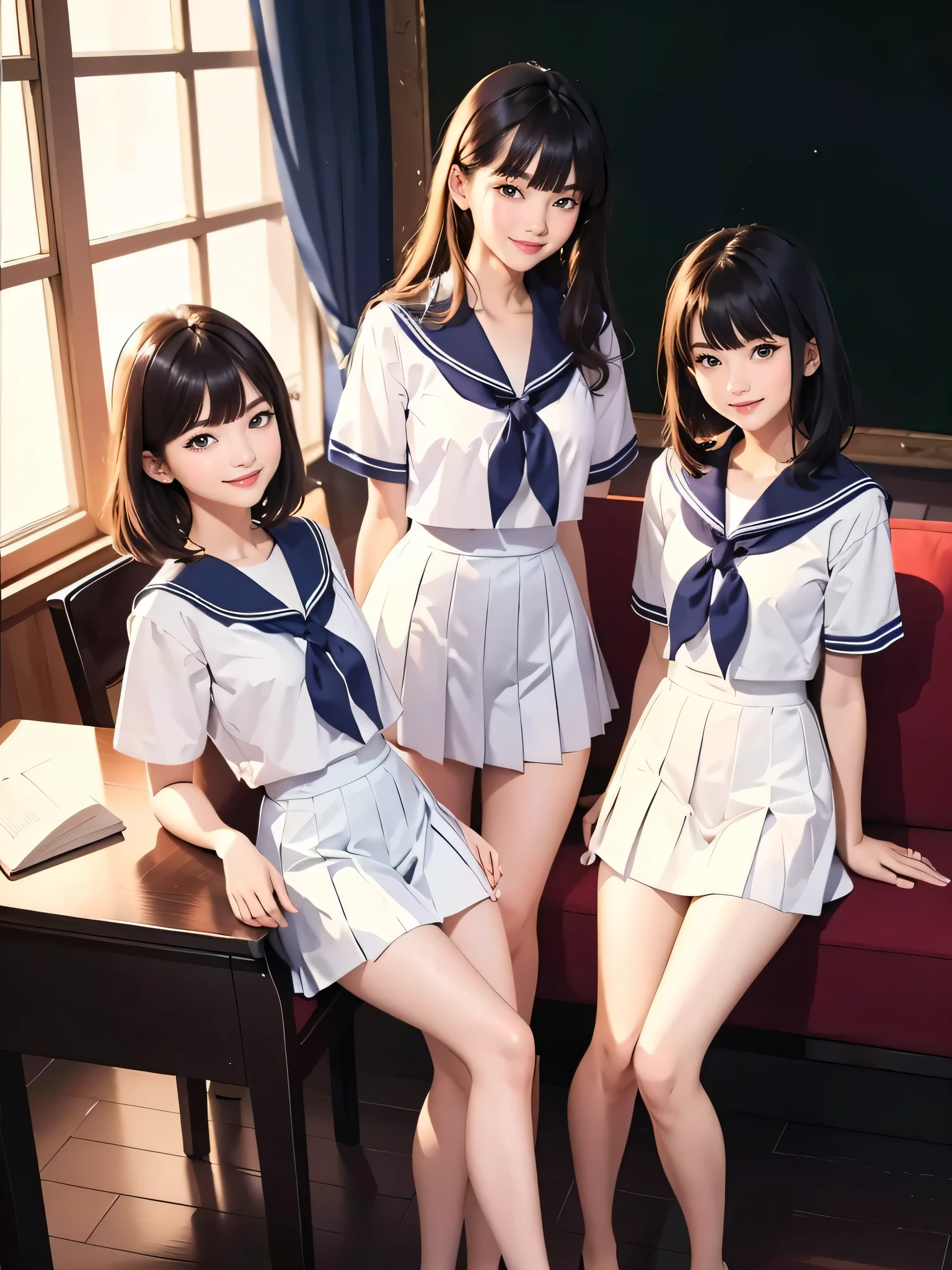 (top-quality、in 8K、32K、​masterpiece、超A high resolution、Impresionismo、Photorealsitic:1.2)、Full body, Inside the classroom、Schools、Evening glow、beauitful face、blurry backround、16-year-old beautiful girl、shinny skin、bob cuts、Beautiful black hair、(Katyusha:1.2)、a sailor suit、Pleated miniskirt、Curve、dynamicposes、Smile with open mouth、Two girls, lying on sofa