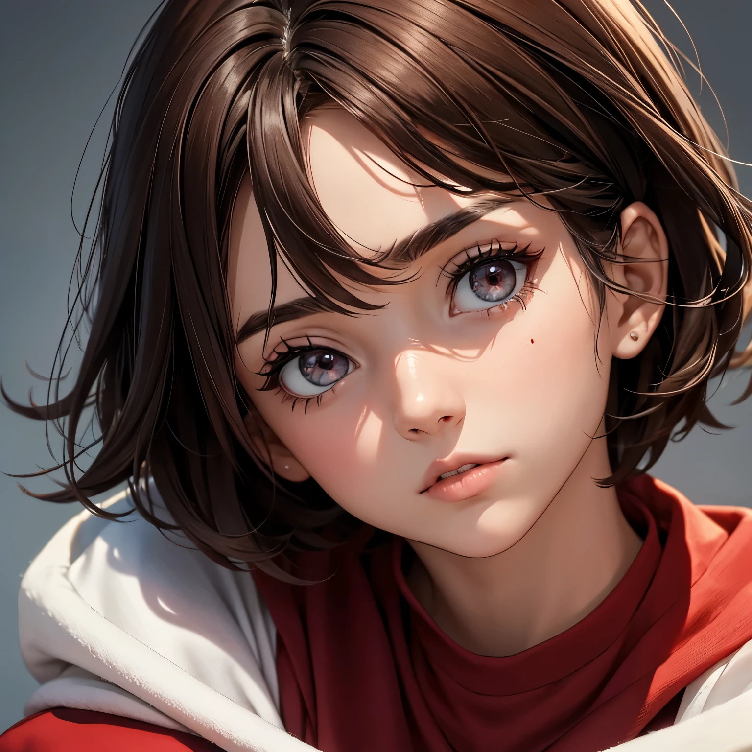 Ojos rojos,short dark brown hair,piel ligeramente tostada,colmillos en boca.