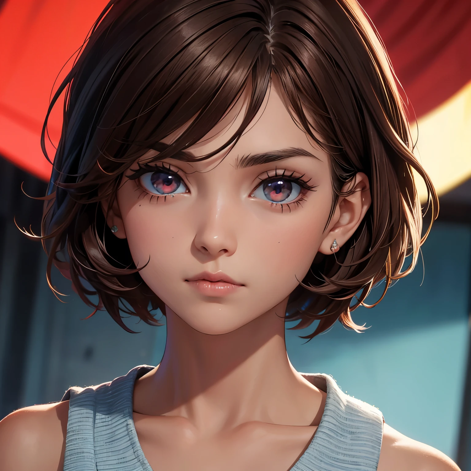 Ojos rojos,short dark brown hair,piel ligeramente tostada,colmillos en boca.