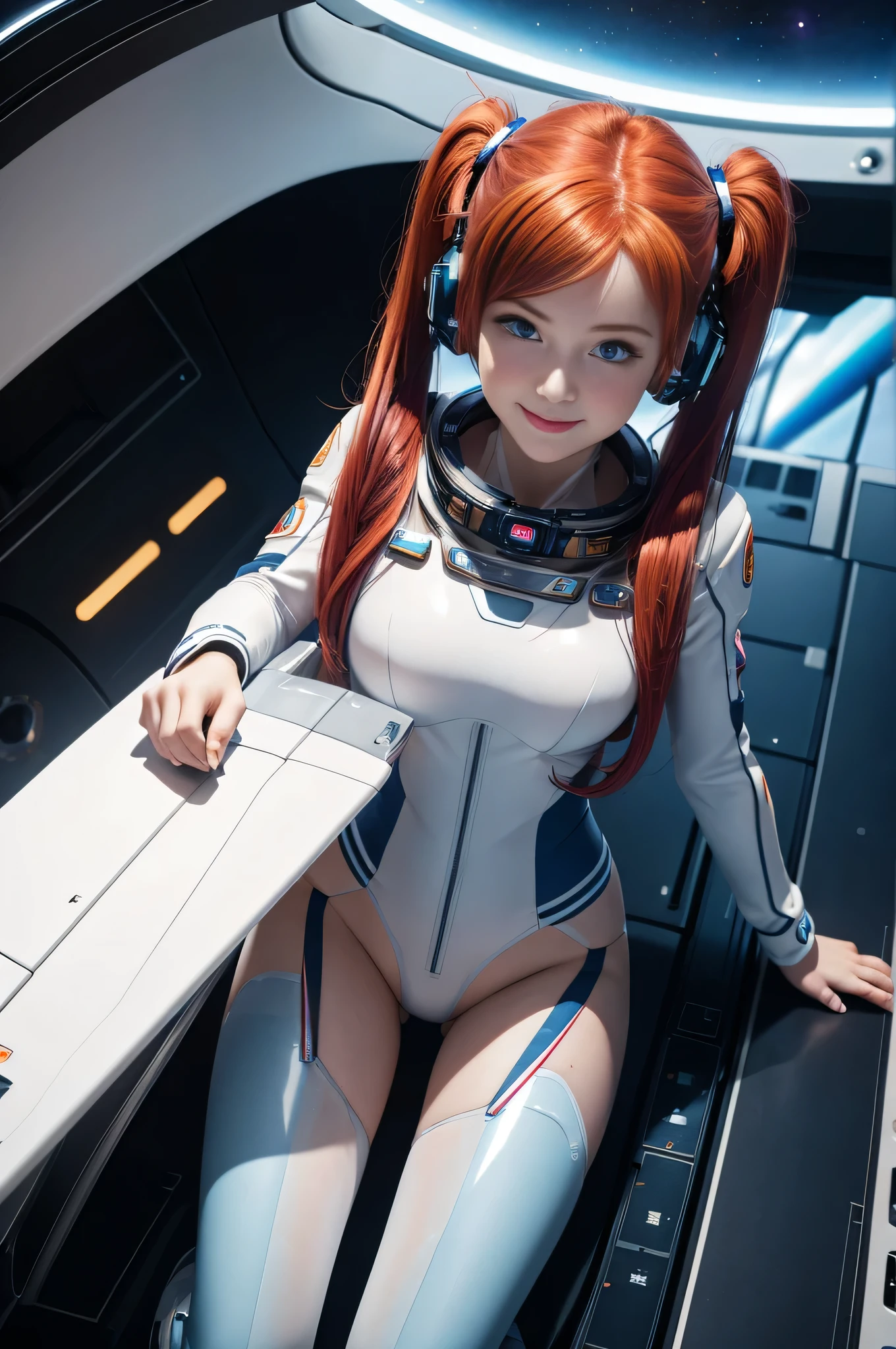 (overhead view) Cute redhead with rainbow colored hair tips, ribbons in her hair, 18-year-old woman, happy, smiling, in twin tails, perfect eyes, clear sparkling blue eyes, pale skin, silky smooth skin, flying a fancy metal luxurious space ship, futuristic cockpit, she's a pilot, outer space seen in windows, dark warm lighting, futuristic astronaut suit, anatomically correct, bare bottom, open legs, Best quality, high detailed, Masterpiece, Cinematic Lighting, 4K, wet and see-through.