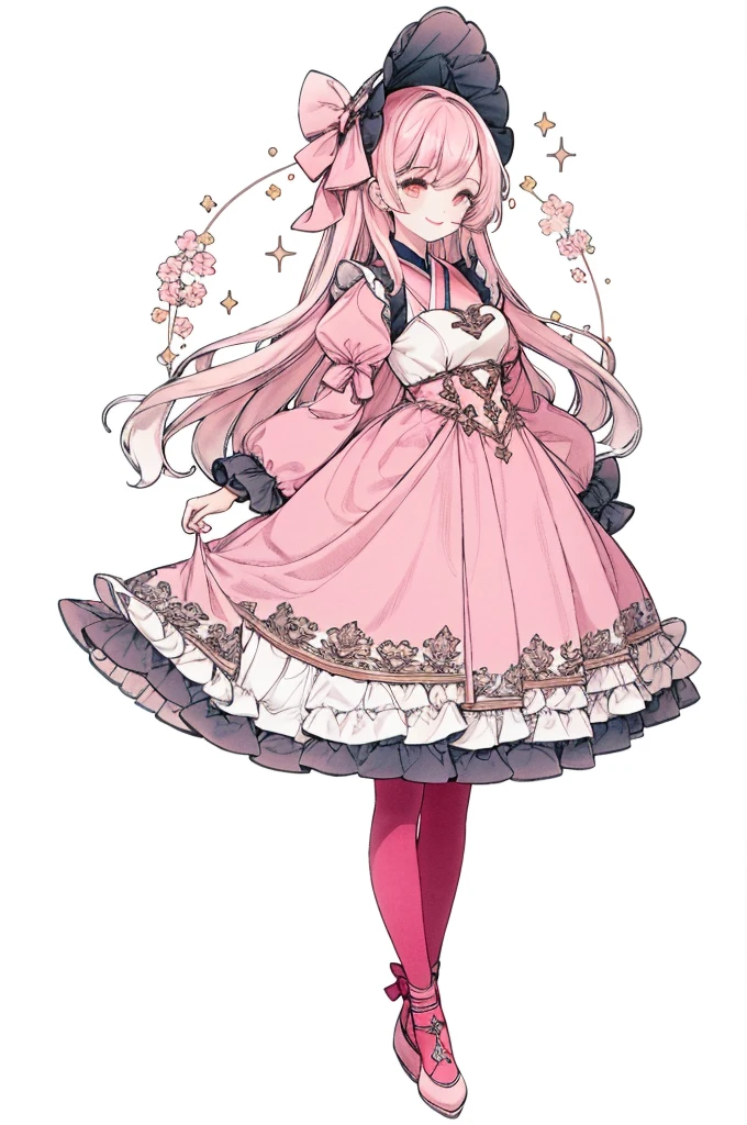 solo, 1girl, dress, long hair, white background, bonnet, smile, full body, simple background, pink theme, long sleeves, bow, pink eyes, pink bow, looking at viewer, frills, puffy sleeves, pink hair, bangs, pink footwear, pink dress, sparkle, ribbon, closed mouth