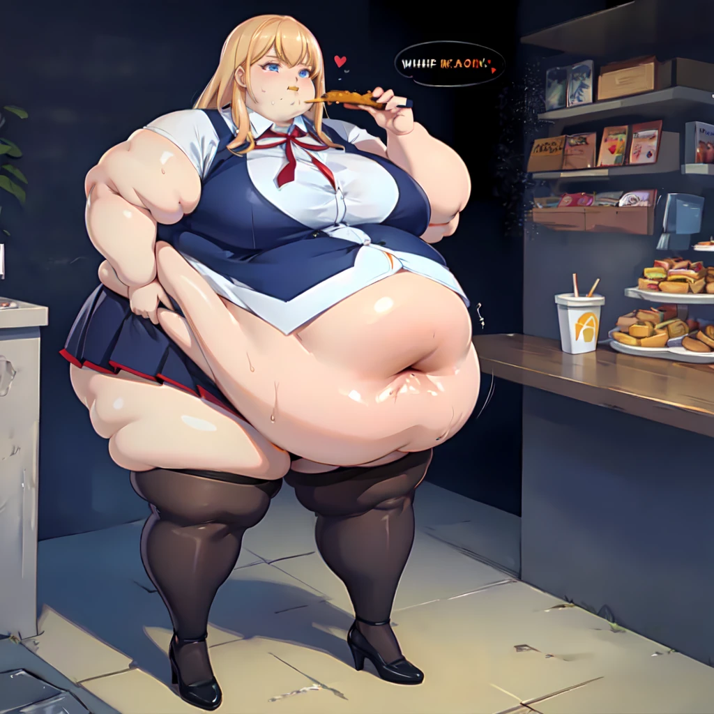 High quality, full body photo of a beautiful sexy secretary wearing extremely short skirt and seamed stockings, ((solo)), adult, high heels, craves sex, sweaty, eating at McDonalds, beautiful face, long wavy blonde hair, stunning blue eyes, massive painfully overstuffed bloated distended bulging heavy obese belly, panties visible under skirt, revealing skirt, shes binge eating, weight gain, very wide fat hips, fat thick thighs, massive wide fat round heart shaped shelf bubble butt, massive fat heavy breasts, very deep cleavage, tight uniform, belly so full it hurts, shes so fat she can barely stand, shes so full she can barely stand, her clothes dont fit shes so extremely fat, shes become a fat food addicted slob, she doesnt care about being fat anymore she just wants to eat more and more food until she cant move, covered in sweat, belly bigger than her body, she’s very heavy massive and obese, fat cheeks, fat face, fat neck, struggling to eat more, struggling to stand, shes rubbing her belly, burping, sagging obese belly, painfully churning gurgling belly, she cant fit anymore food inside her belly, shes in a state of blubbery bliss, it hurts so much but if feels so good,