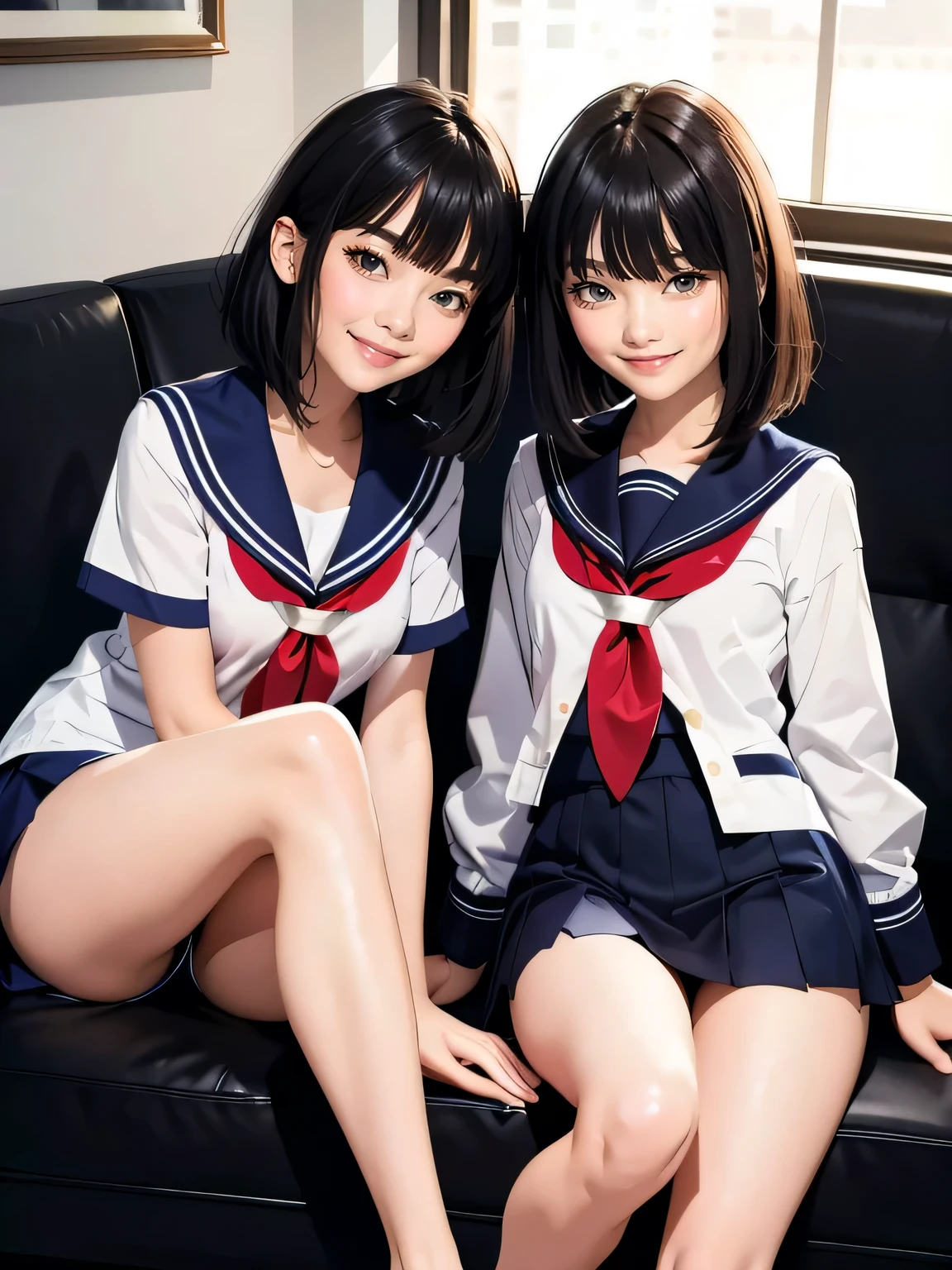 (top-quality、in 8K、32K、masterpiece、超A high resolution、Impresionismo、Photorealsitic:1.2)、Full body, Inside the classroom、Schools、Evening glow、beauitful face、blurry backround、16-year-old beautiful girl、shinny skin、bob cuts、Beautiful black hair、(Katyusha:1.2)、a sailor suit、Pleated miniskirt、Curve、dynamicposes、Smile with open mouth、Two girls, lying on sofa
