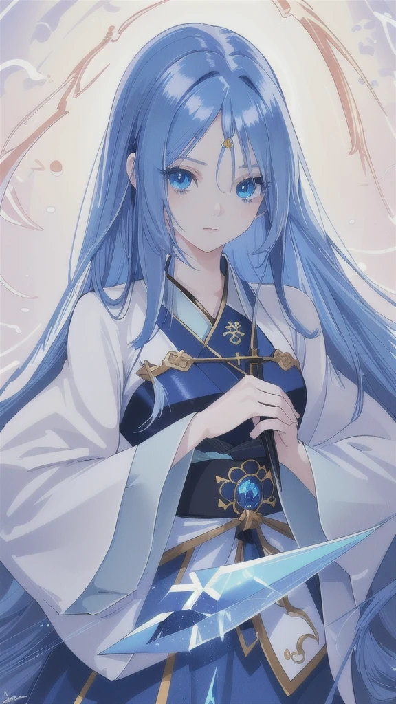 (best quality,4k,highres),detailed and realistic portrait,anime style,beautiful girl with long deep blue hair,gorgeous sapphire eyes,blue hanfu armor,dagger
