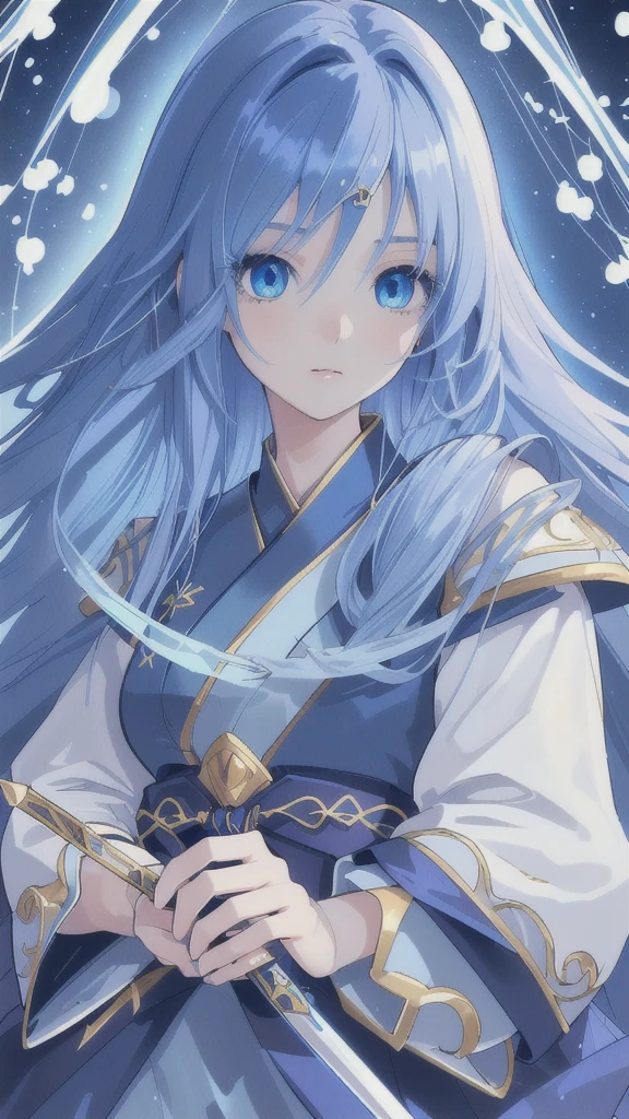 (best quality,4k,highres),detailed and realistic portrait,anime style,beautiful girl with long deep blue hair,gorgeous sapphire eyes,blue hanfu armor,dagger