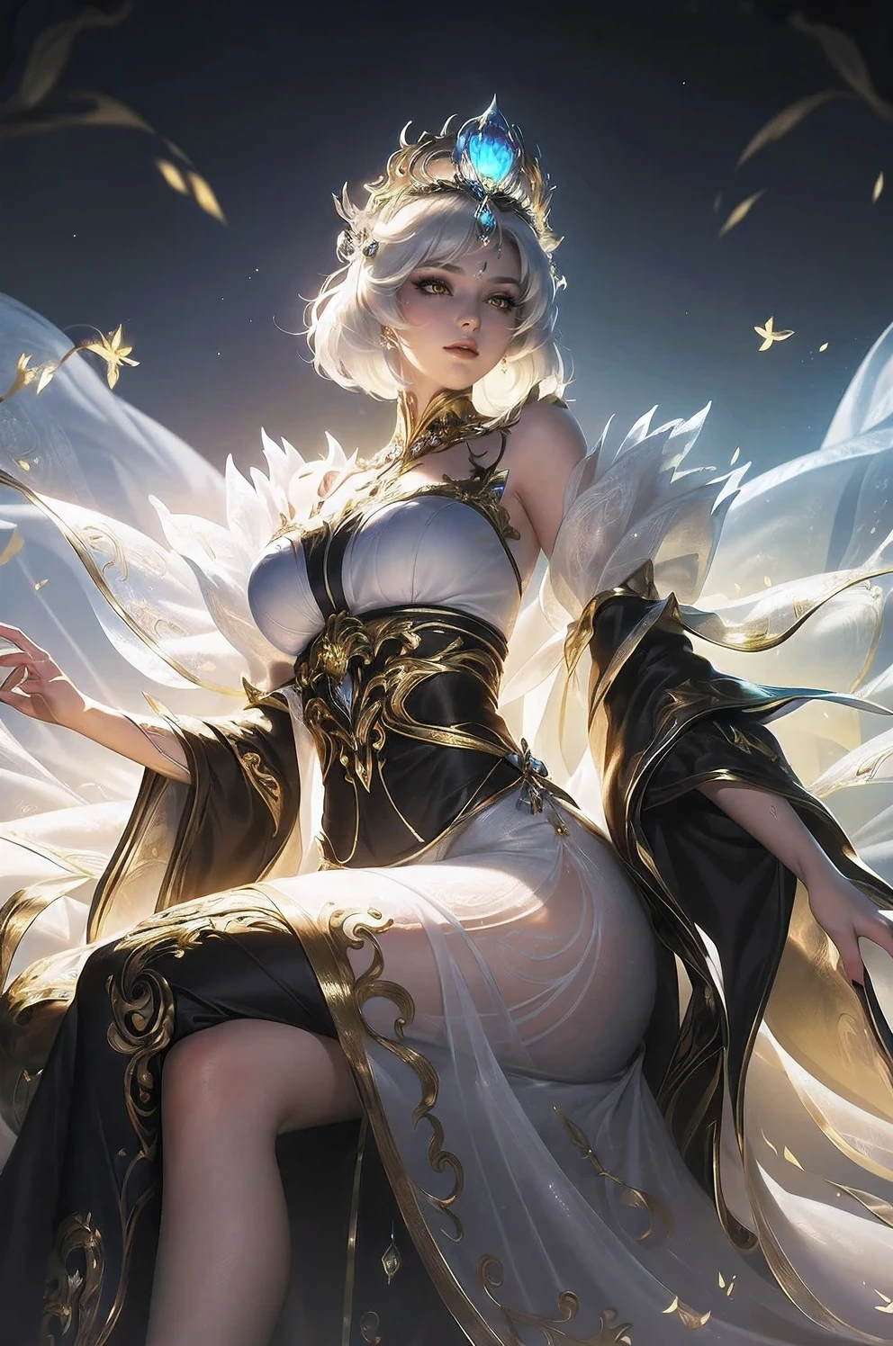 (Masterpiece:1.2),best quality,(illustration:1.2),(ultra-detailed),hyper details,(delicate detailed),(intricate details),(cinematic light, best quality Backlights),clear line,from below,solo female,perfect body,(1girl),white hair,glowing yellow eyes,(black see-through clothes),(crown:1.1),sitting on Throne,slightly close eyes,looking downward,turn head,( shy:1.2),((makeup)),high contrast,(best illumination, an extremely delicate and beautiful),((cinematic light)),colorful,good hand