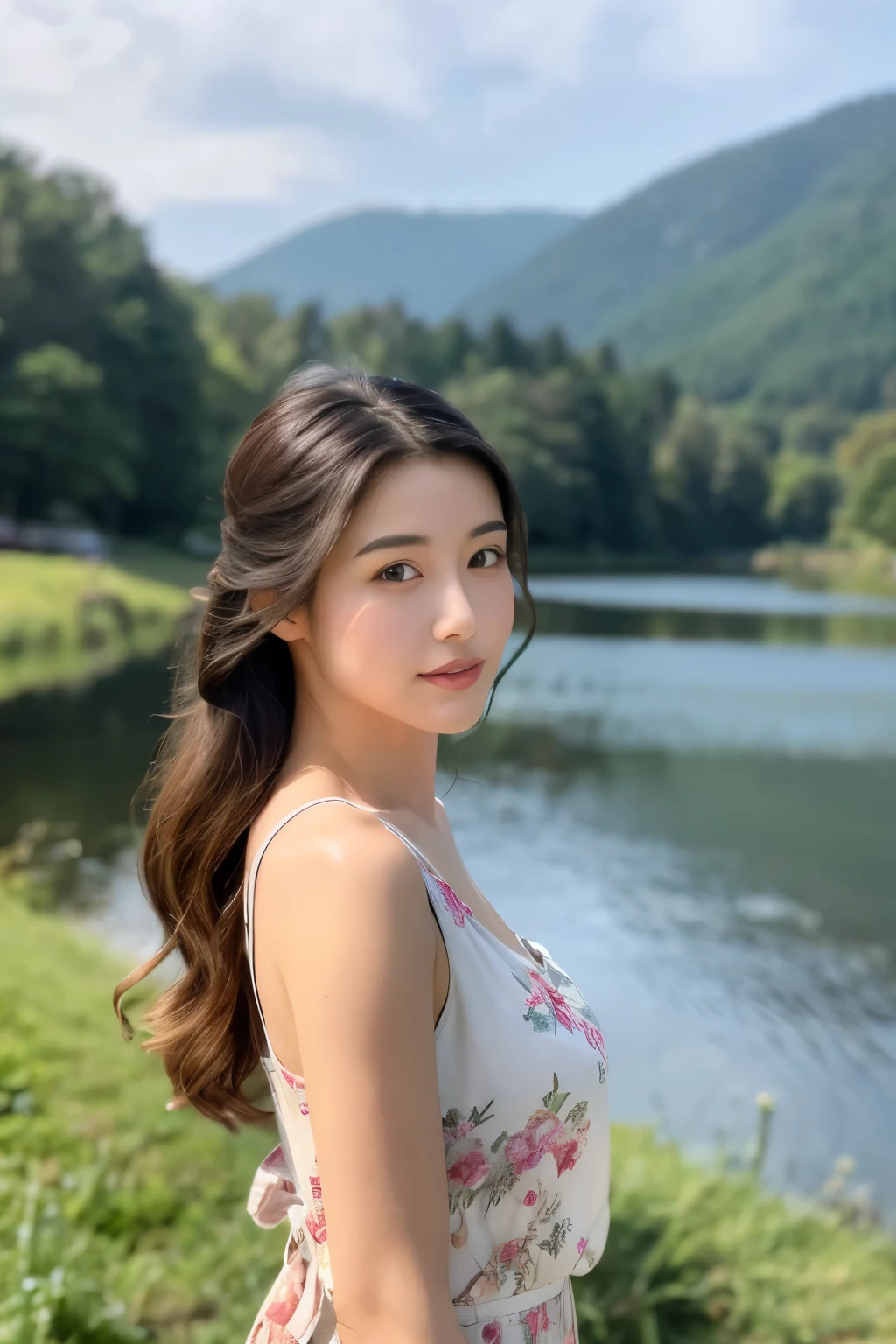 ((highest quality)), ((masterpiece)), (Familiar), Woman with perfect face、Japanese、2４Year、landscape、（Side bust）