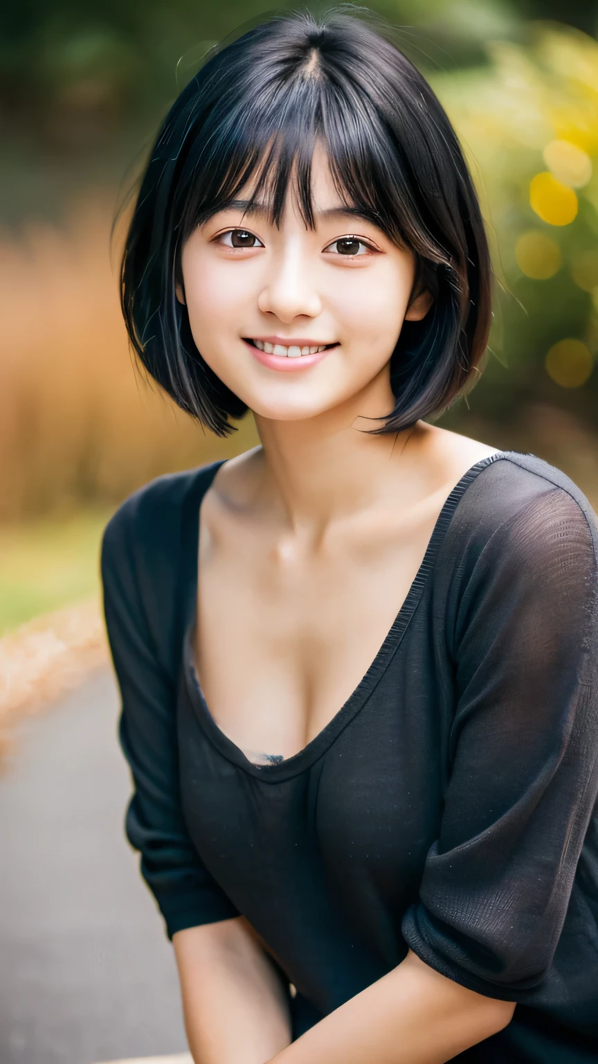 Portraiture, 8k, high quality, Realistic Photographic Images, 17 years old, Japanese women, Neat, small, Natural and realistic eyes, Beautiful black hair, short hair, light makeup, Octane Rendering, Beautiful lighting, Golden ratio composition, smile, Casual wear, Casual clothing, Natural background, Blurred Background