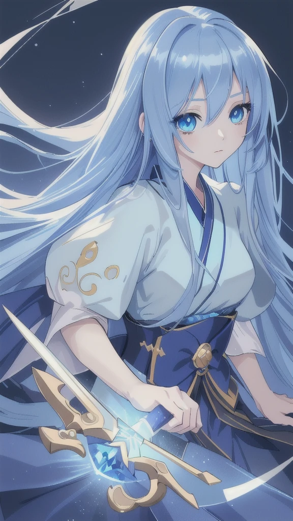 (best quality,4k,highres),detailed and realistic portrait,anime style,beautiful girl with long deep blue hair,gorgeous sapphire eyes,blue hanfu armor,dagger