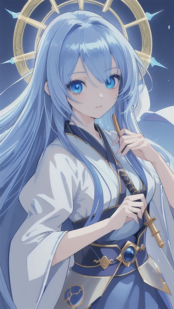 (best quality,4k,highres),detailed and realistic portrait,anime style,beautiful girl with long deep blue hair,gorgeous sapphire eyes,blue hanfu armor,dagger