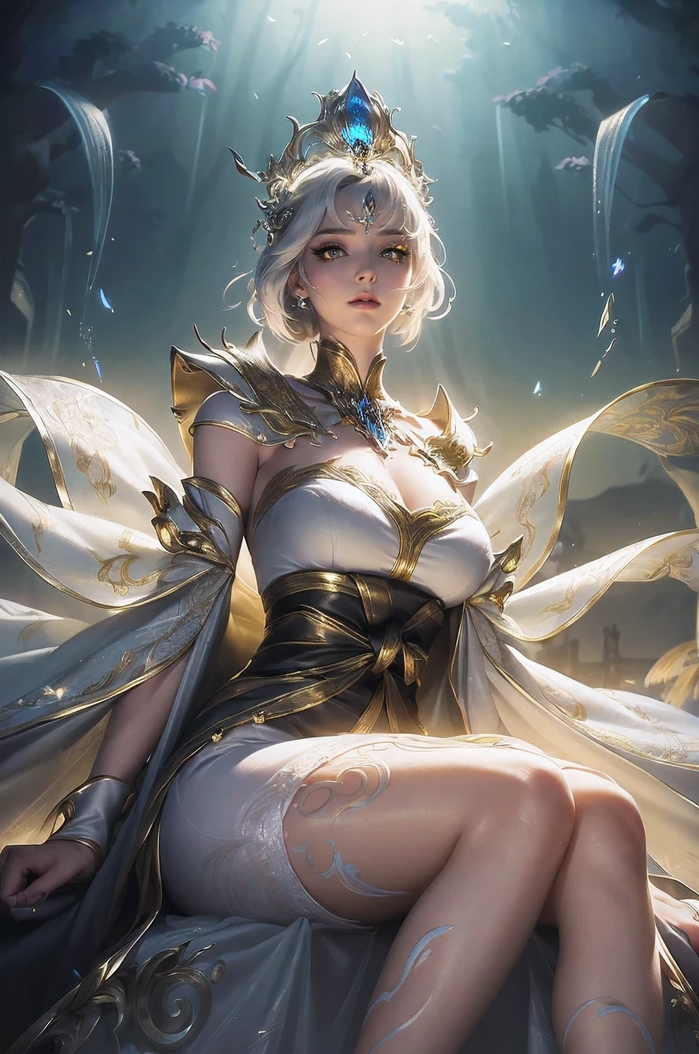 (Masterpiece:1.2),best quality,(illustration:1.2),(ultra-detailed),hyper details,(delicate detailed),(intricate details),(cinematic light, best quality Backlights),clear line,from below,solo female,perfect body,(1girl),white hair,glowing yellow eyes,(black see-through clothes),(crown:1.1),sitting on Throne,slightly close eyes,looking downward,turn head,( shy:1.2),((makeup)),high contrast,(best illumination, an extremely delicate and beautiful),((cinematic light)),colorful,good hand，No hands, hidden hands, hand outside