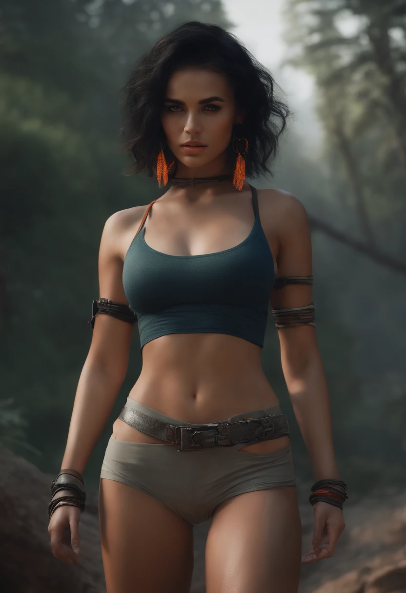 Bright shot: 1.3), epic realistic, yellow eyes, girl raider, (one girl), light gray non-transparent short sleeve top, transparent fabric at the waist, wavy hair 1.4, (dark blue hair), short hair, dark blue and orange color scheme, (light green shorts), aesthetics of wasteland and canyons!!! n ruins, soft cinematic light, Adobe Lightroom, darkroom, HDR, intricacy, green bracelets on the arms, straps from red thrings over transparent fabric at the waist, thong under shorts