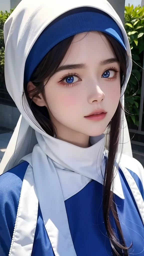 one wearing blue clothes、Close-up of woman wearing white headscarf, Gu Weisz style artwork, Most models | Art bud, extremely detailed Art bud, surreal anime, Soft Portrait Shots 8K, Art bud. Anime Illustrations, Bovoort&#39;Art style, Blonde Princess, 8k Art bud bokeh，Blue Hair，Semi-long hair，blue eyes，wear glasses（Key Points）